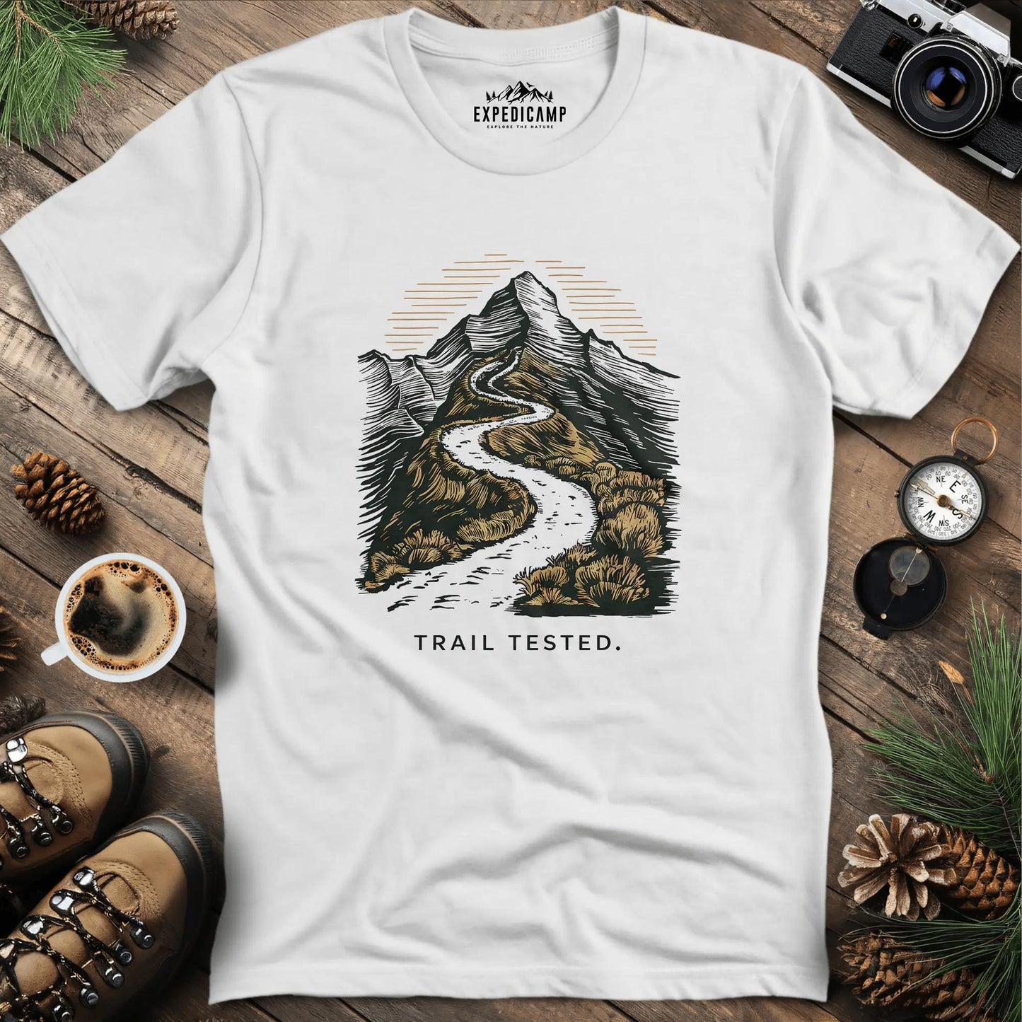 Trail Tested Mountain Path T-Shirt – White – Outdoor apparel for travel, hiking, camping, and nature lovers – ExpediCamp