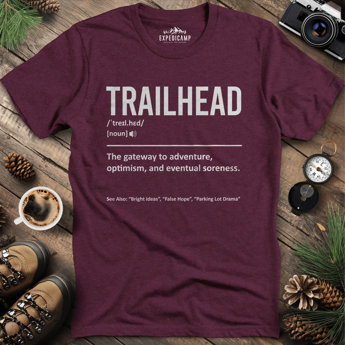 Trailhead Definition T-Shirt – Heather Maroon – Outdoor apparel for travel, hiking, camping, and nature lovers – ExpediCamp