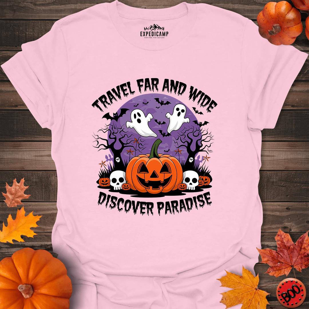 Travel Far And Wide Discover Paradise T-Shirt – Light Pink – Outdoor apparel for travel, hiking, camping, and nature lovers – ExpediCamp