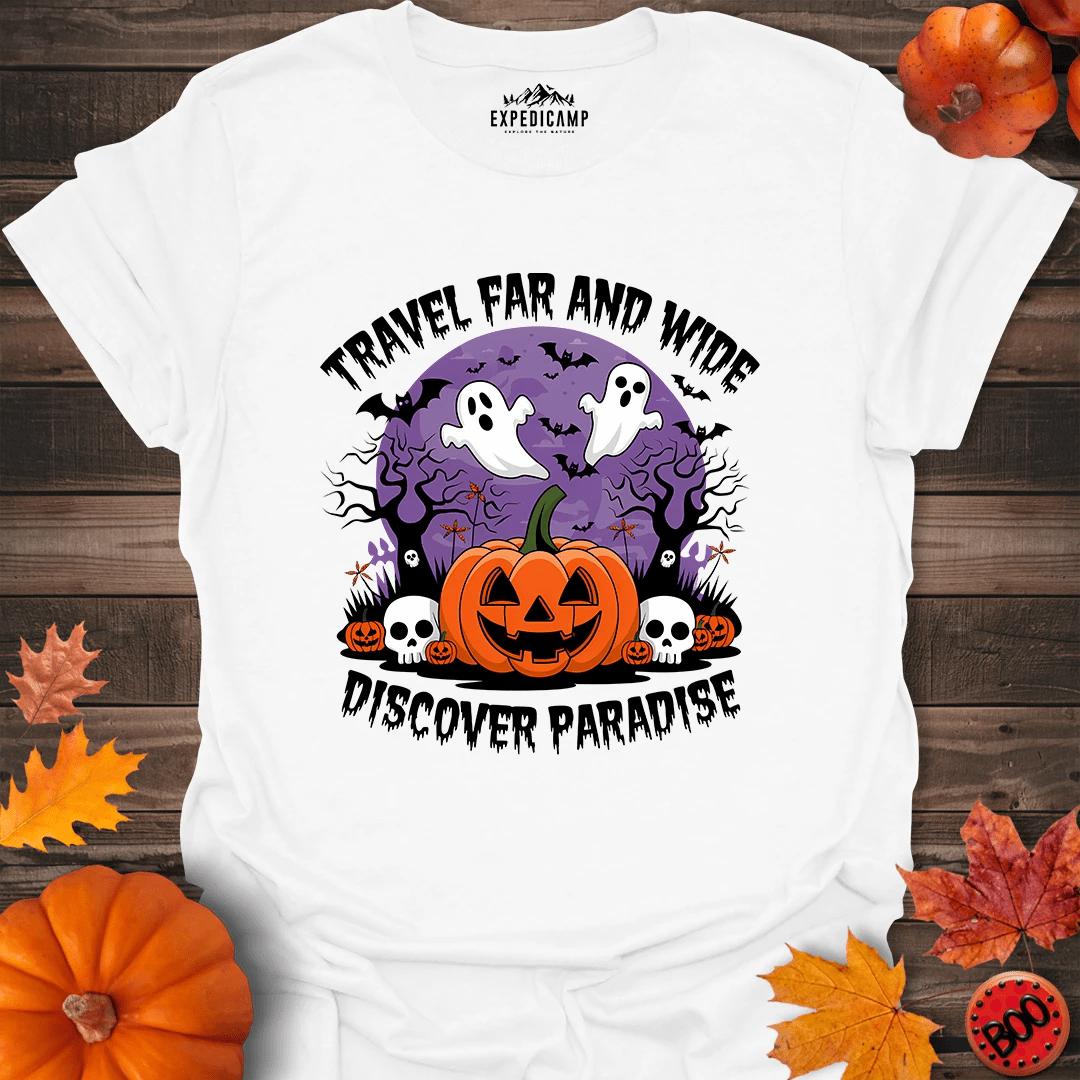 Travel Far And Wide Discover Paradise T-Shirt – White – Outdoor apparel for travel, hiking, camping, and nature lovers – ExpediCamp