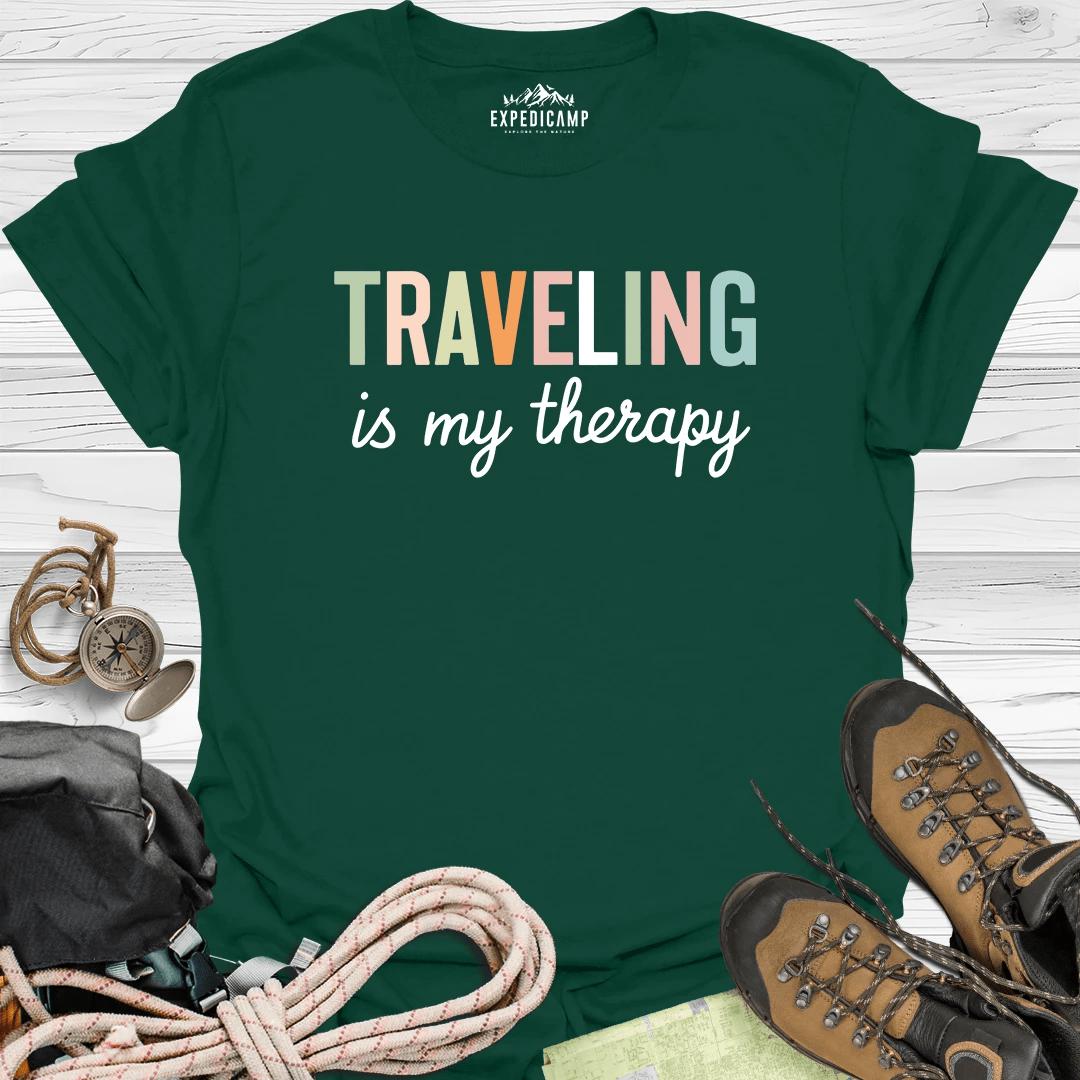 Traveling Is My Therapy T-Shirt – Forest Green – Outdoor apparel for travel, hiking, camping, and nature lovers – ExpediCamp