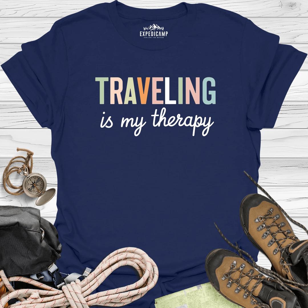 Traveling Is My Therapy T-Shirt – Navy – Outdoor apparel for travel, hiking, camping, and nature lovers – ExpediCamp