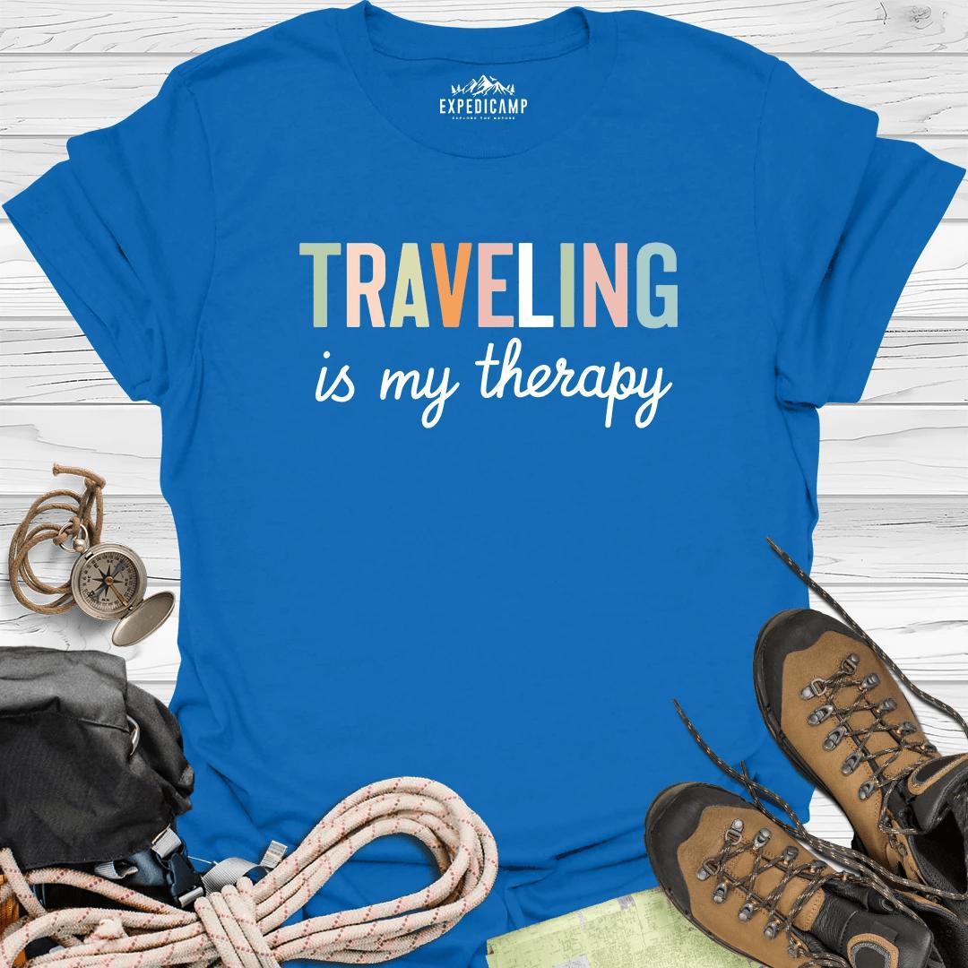 Traveling Is My Therapy T-Shirt – Royal – Outdoor apparel for travel, hiking, camping, and nature lovers – ExpediCamp