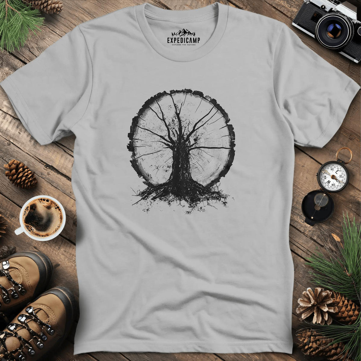 Tree Ring Symbolism T-Shirt – Ice Grey – Outdoor apparel for travel, hiking, camping, and nature lovers – ExpediCamp