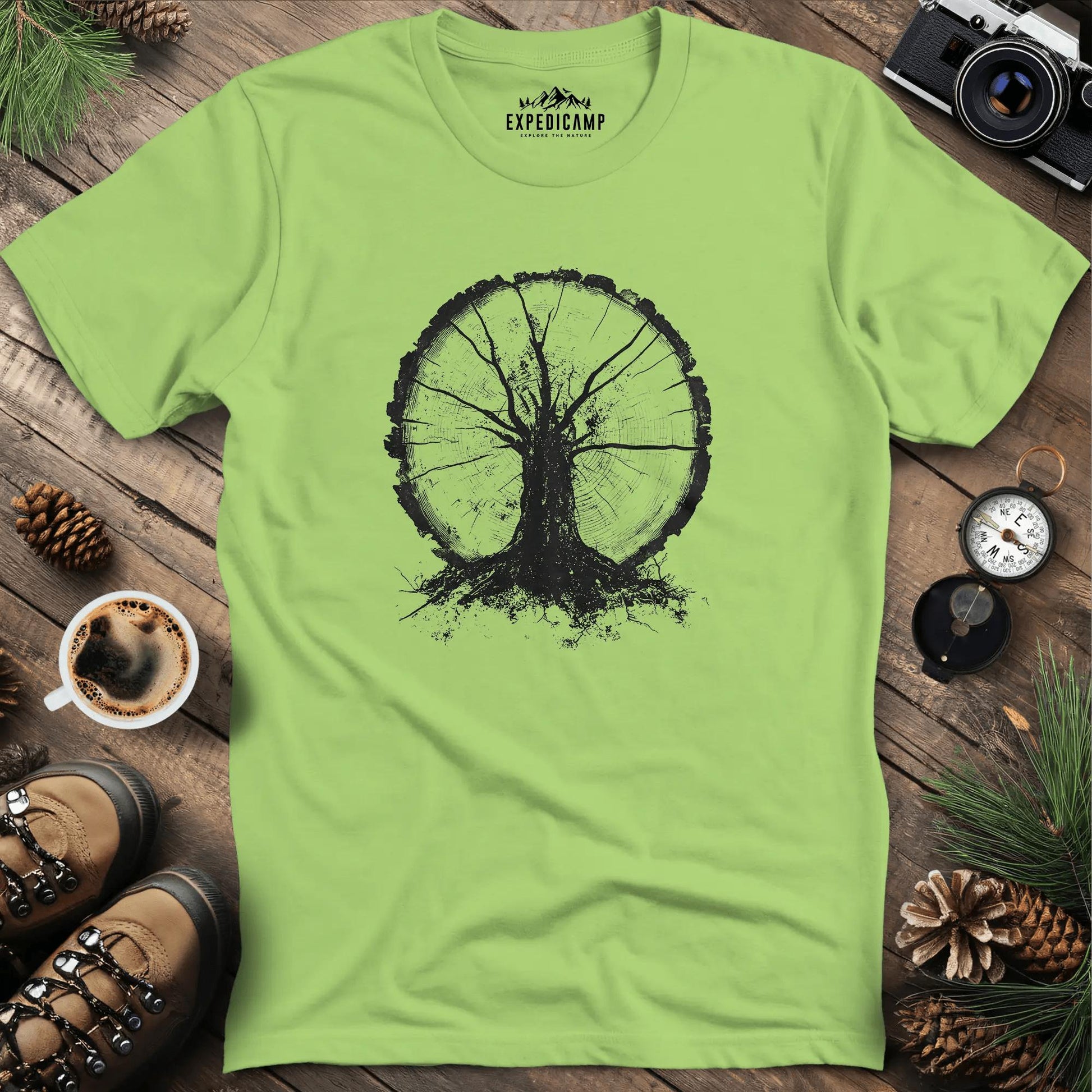Tree Ring Symbolism T-Shirt – Kiwi – Outdoor apparel for travel, hiking, camping, and nature lovers – ExpediCamp
