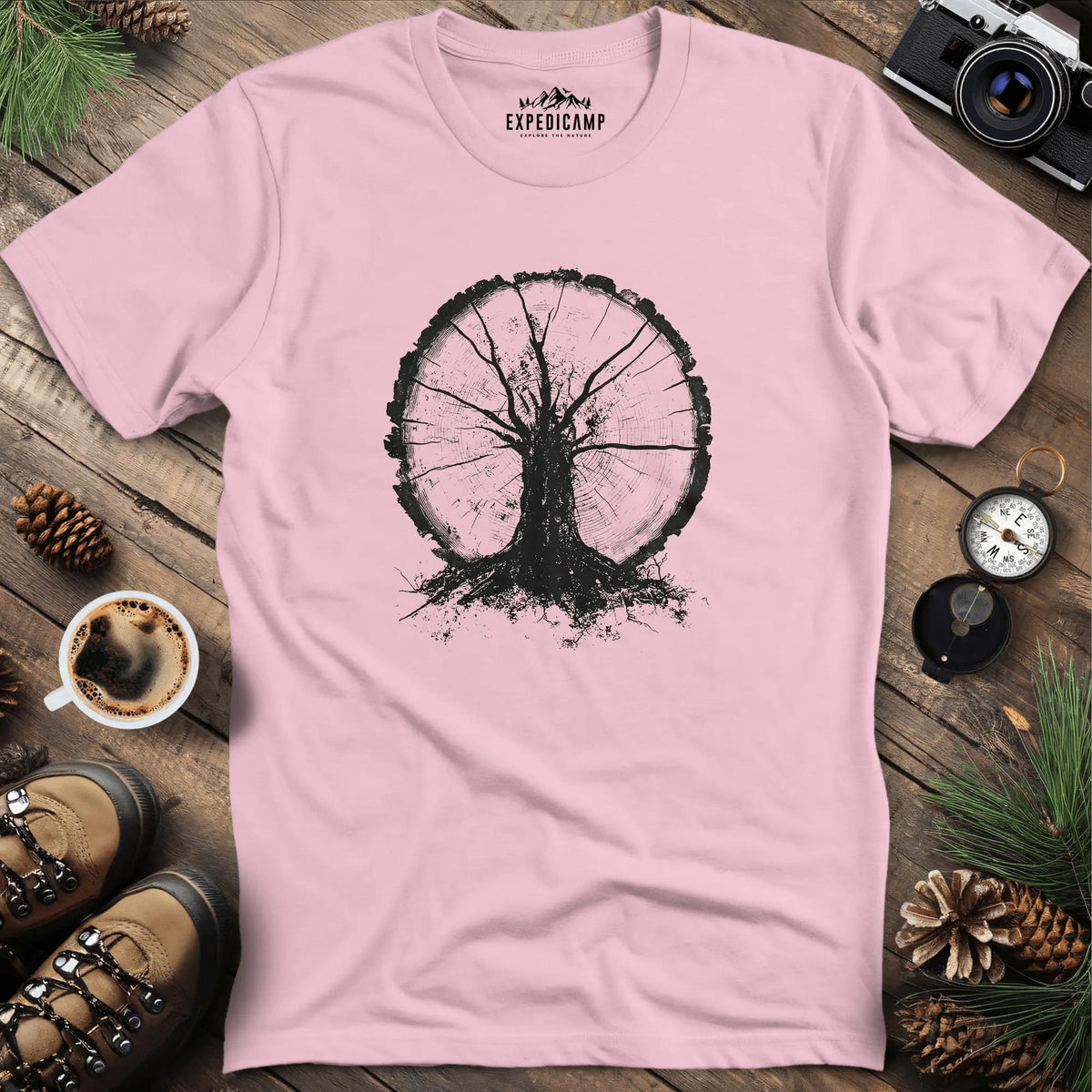 Tree Ring Symbolism T-Shirt – Light Pink – Outdoor apparel for travel, hiking, camping, and nature lovers – ExpediCamp