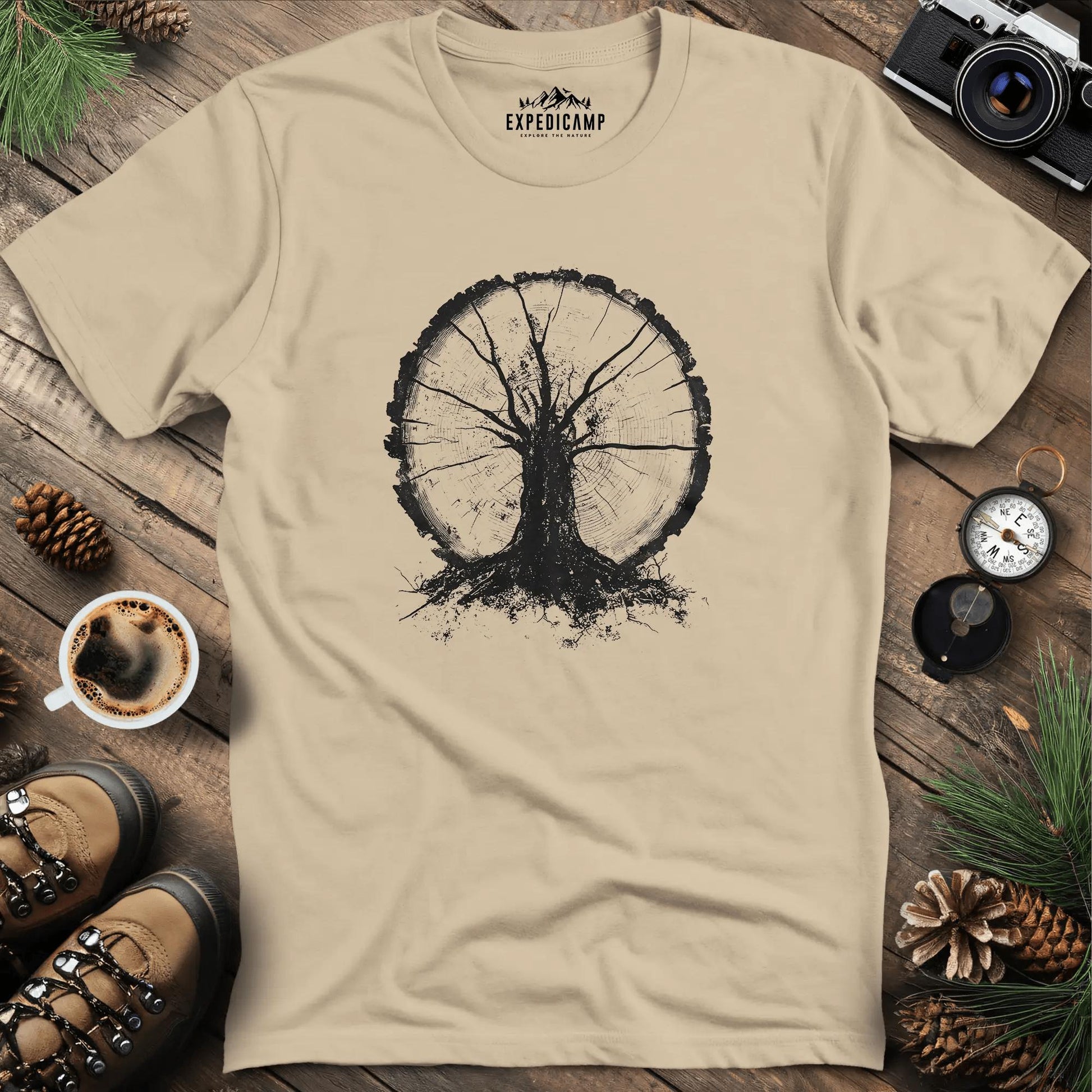 Tree Ring Symbolism T-Shirt – Sand – Outdoor apparel for travel, hiking, camping, and nature lovers – ExpediCamp