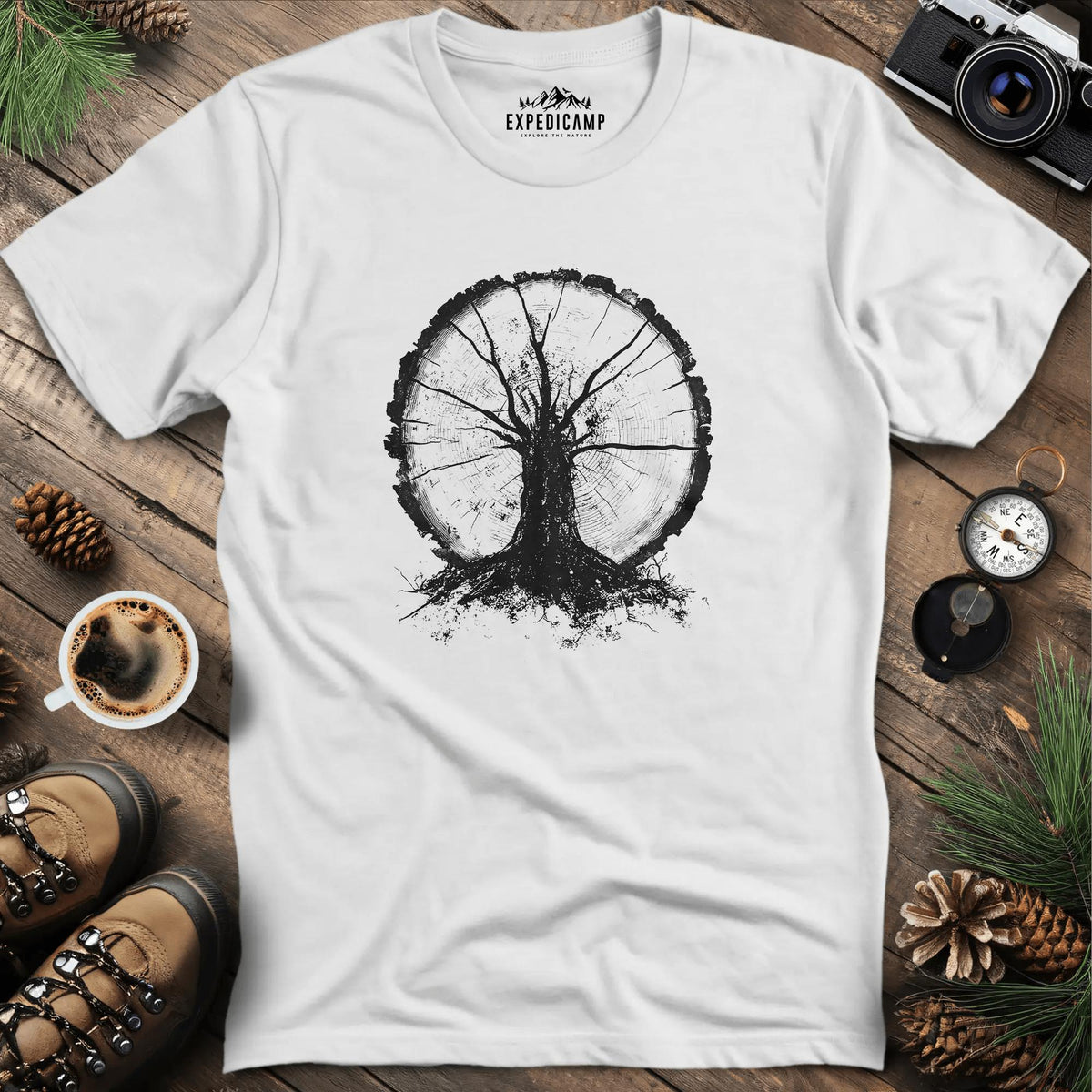 Tree Ring Symbolism T-Shirt – White – Outdoor apparel for travel, hiking, camping, and nature lovers – ExpediCamp
