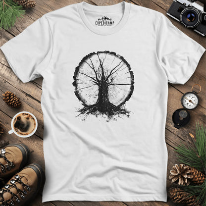 Tree Ring Symbolism T-Shirt – White – Outdoor apparel for travel, hiking, camping, and nature lovers – ExpediCamp