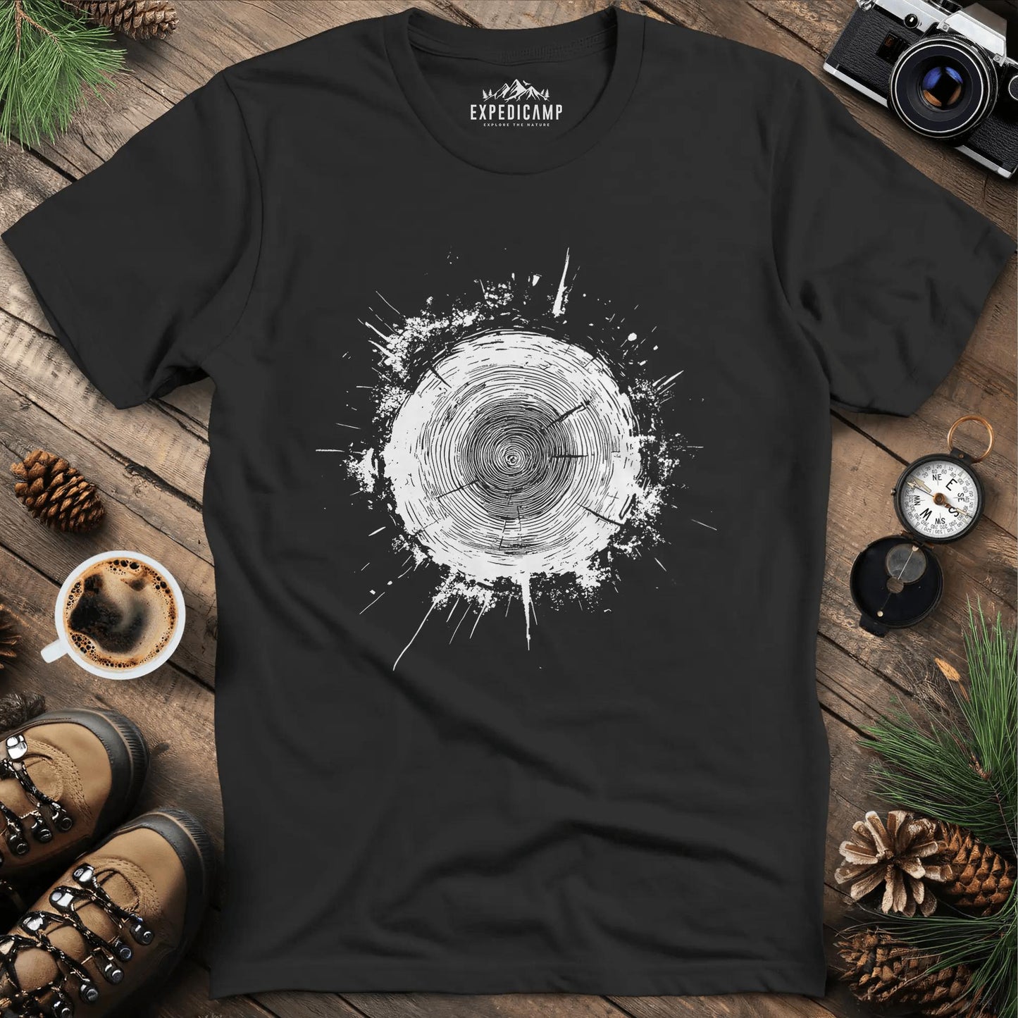 Tree Stump Cross-Section Art T-Shirt – Black – Outdoor apparel for travel, hiking, camping, and nature lovers – ExpediCamp