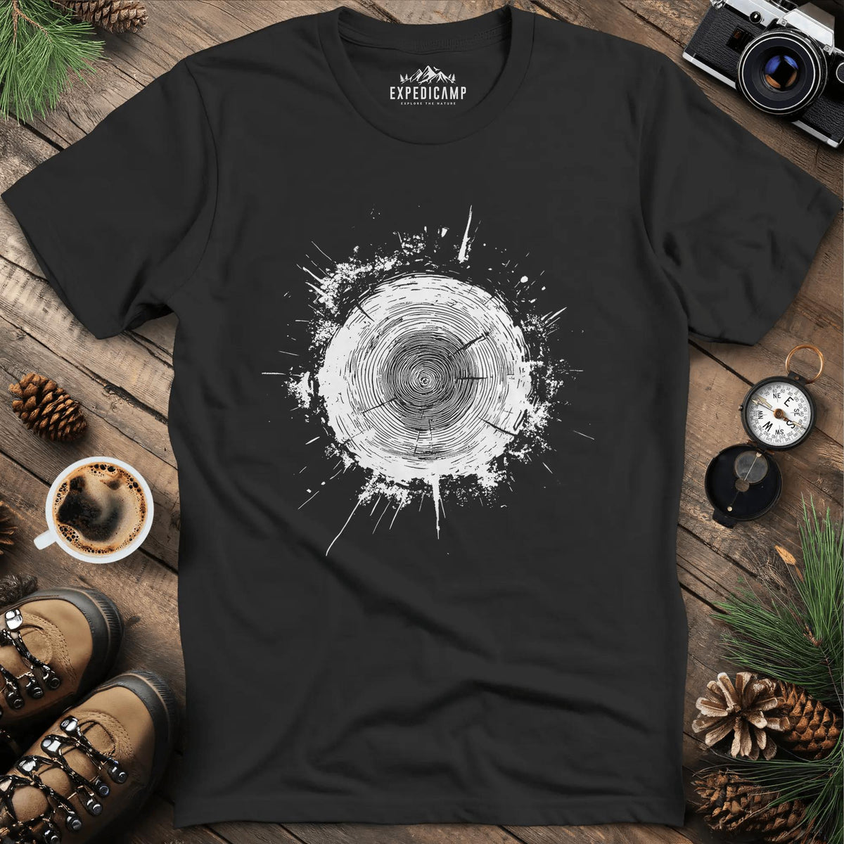 Tree Stump Cross-Section Art T-Shirt – Black – Outdoor apparel for travel, hiking, camping, and nature lovers – ExpediCamp