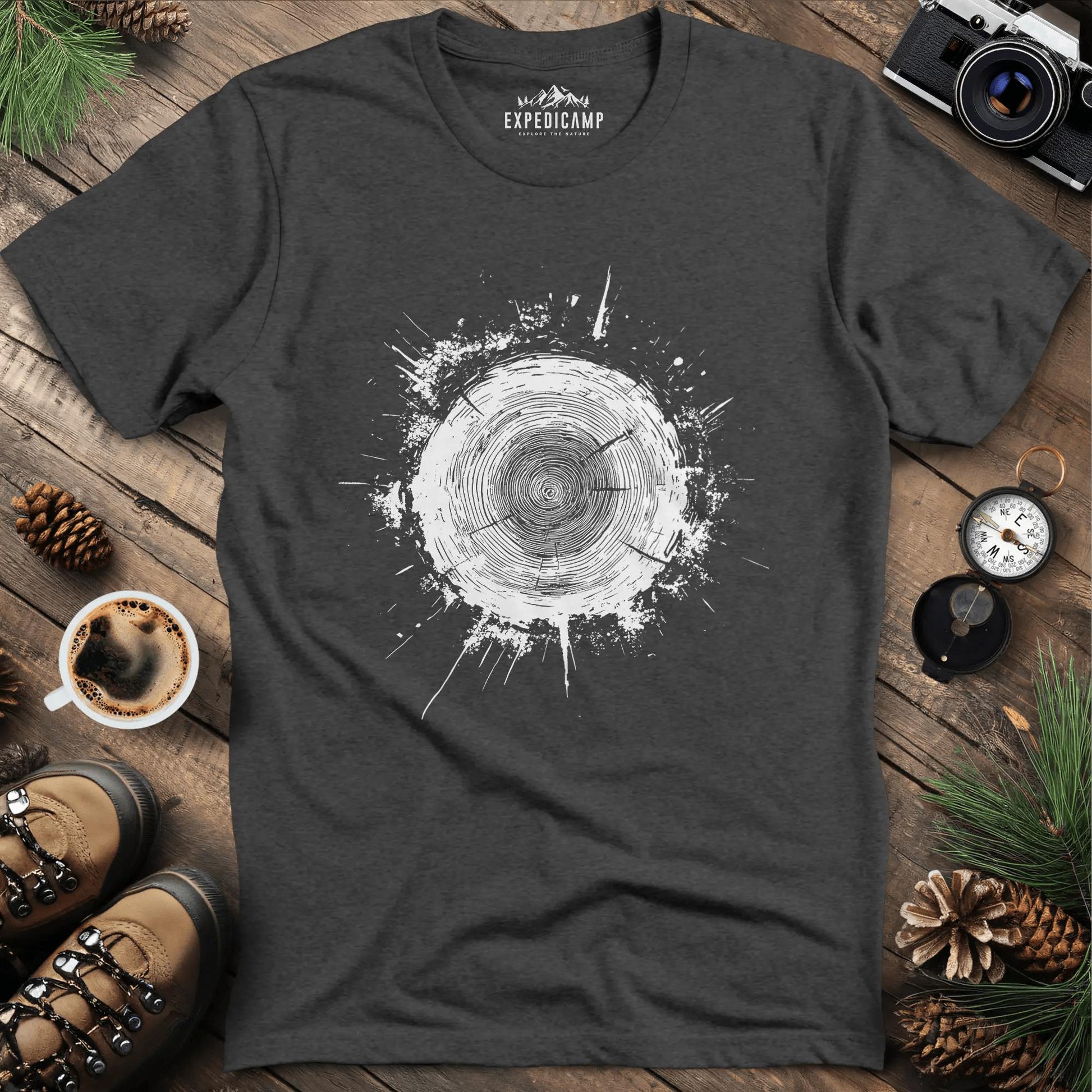 Tree Stump Cross-Section Art T-Shirt – Dark Heather – Outdoor apparel for travel, hiking, camping, and nature lovers – ExpediCamp
