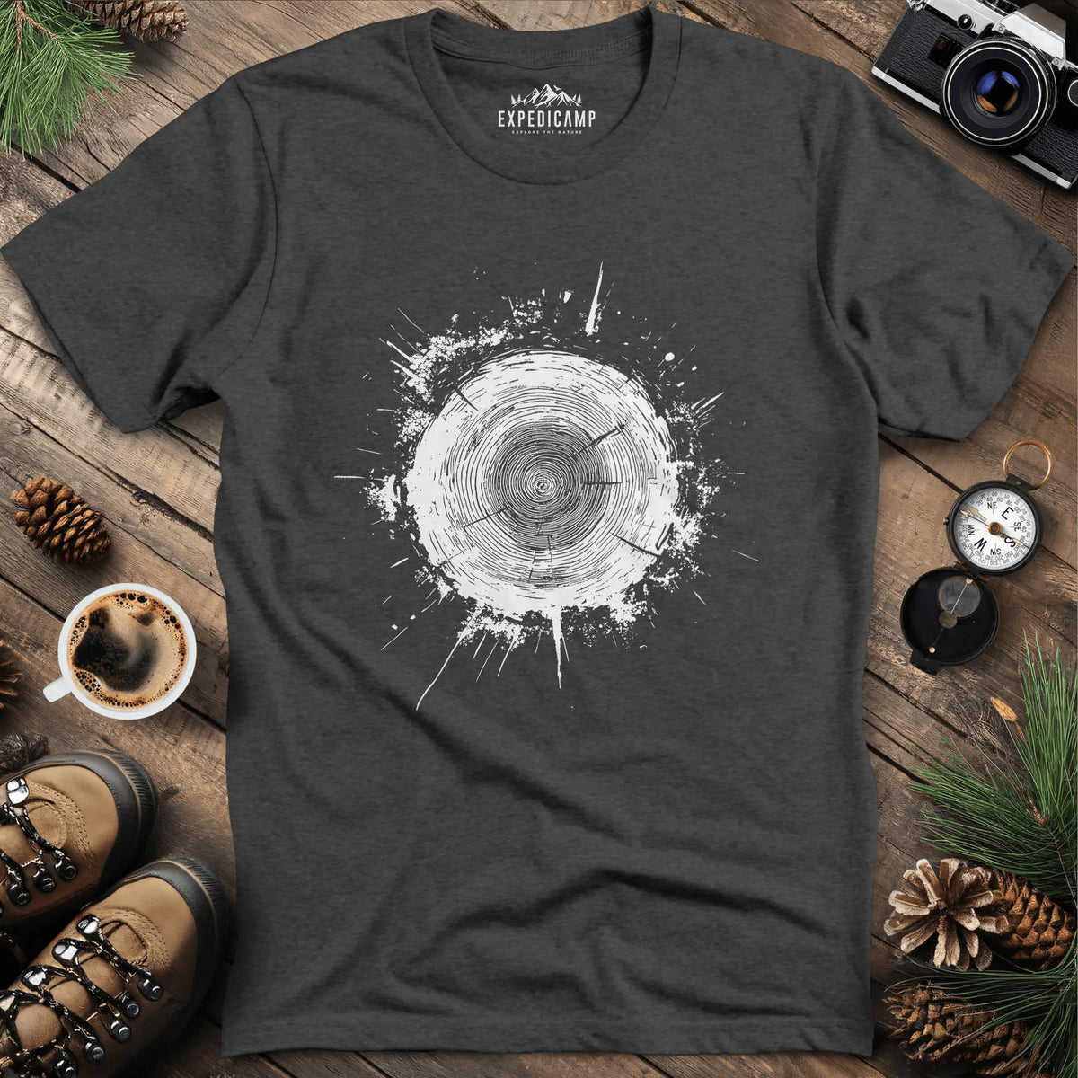 Tree Stump Cross-Section Art T-Shirt – Dark Heather – Outdoor apparel for travel, hiking, camping, and nature lovers – ExpediCamp