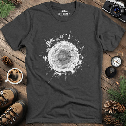 Tree Stump Cross-Section Art T-Shirt – Dark Heather – Outdoor apparel for travel, hiking, camping, and nature lovers – ExpediCamp
