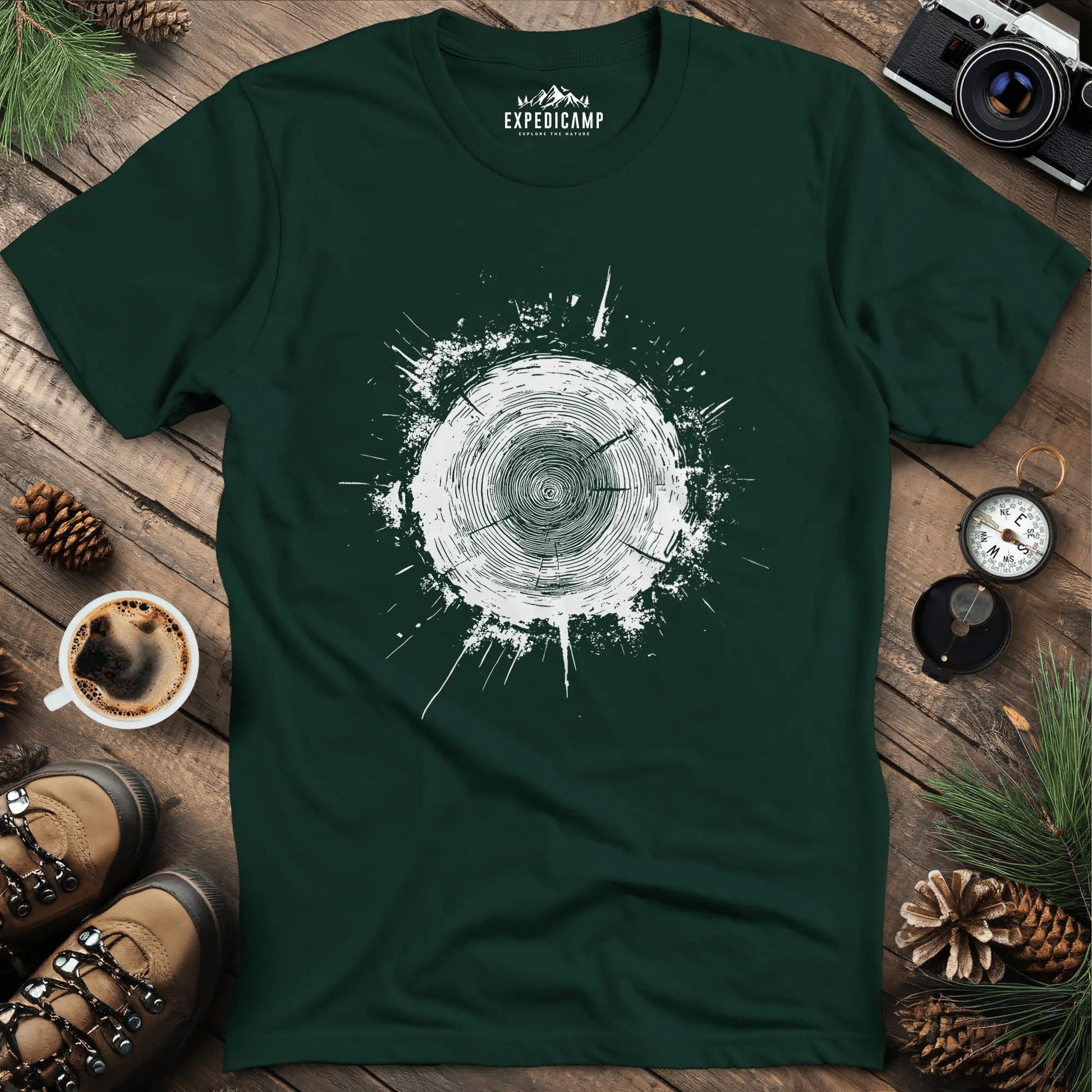 Tree Stump Cross-Section Art T-Shirt – Forest Green – Outdoor apparel for travel, hiking, camping, and nature lovers – ExpediCamp
