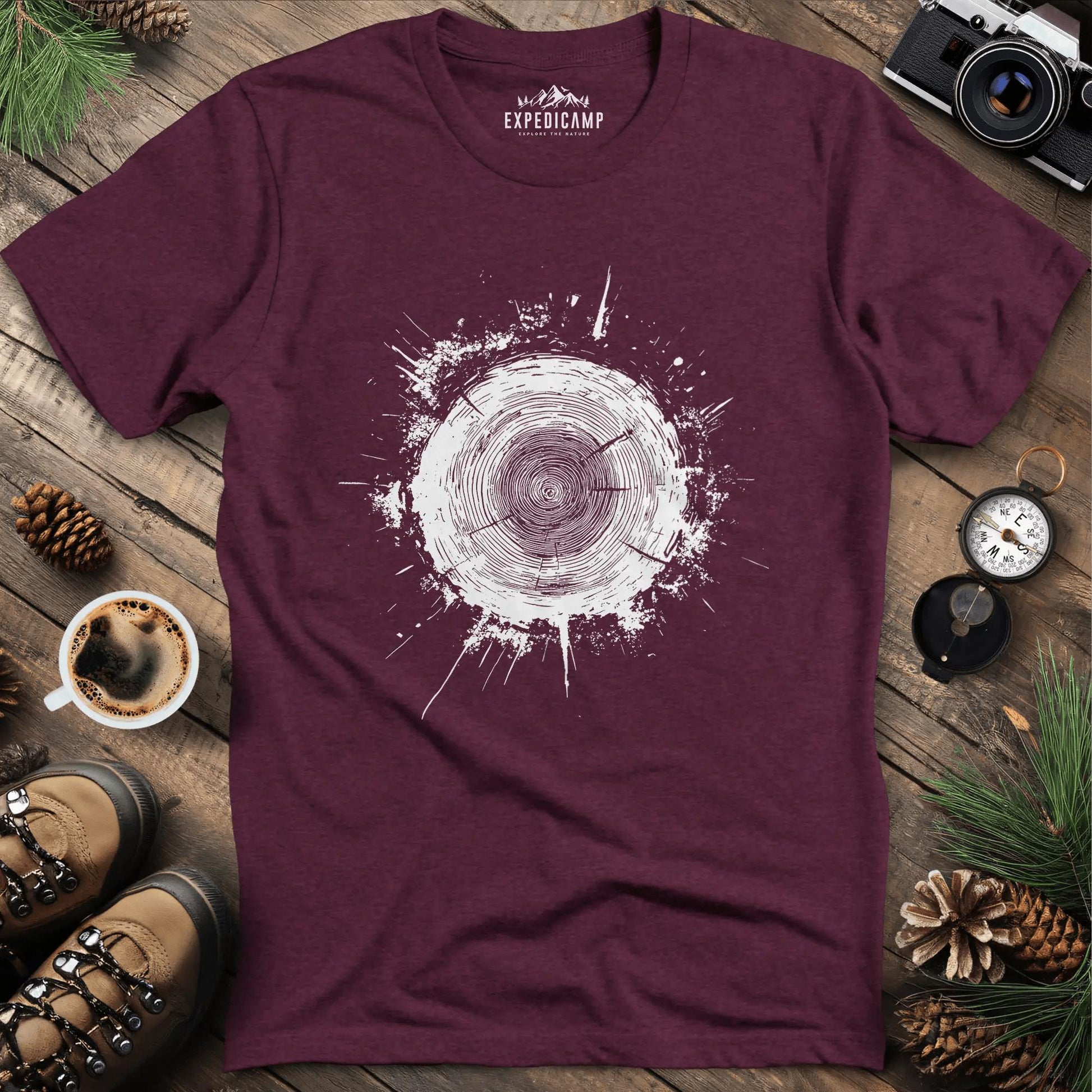 Tree Stump Cross-Section Art T-Shirt – Heather Maroon – Outdoor apparel for travel, hiking, camping, and nature lovers – ExpediCamp