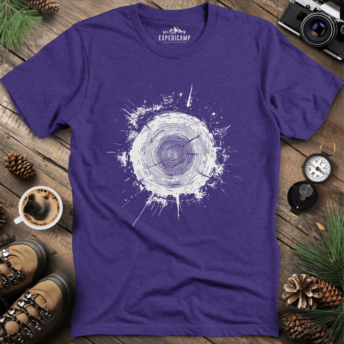 Tree Stump Cross-Section Art T-Shirt – Heather Purple – Outdoor apparel for travel, hiking, camping, and nature lovers – ExpediCamp