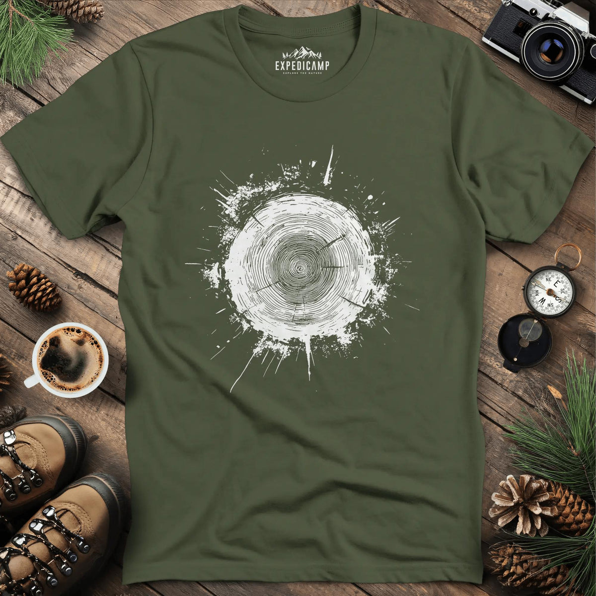 Tree Stump Cross-Section Art T-Shirt – Military Green – Outdoor apparel for travel, hiking, camping, and nature lovers – ExpediCamp