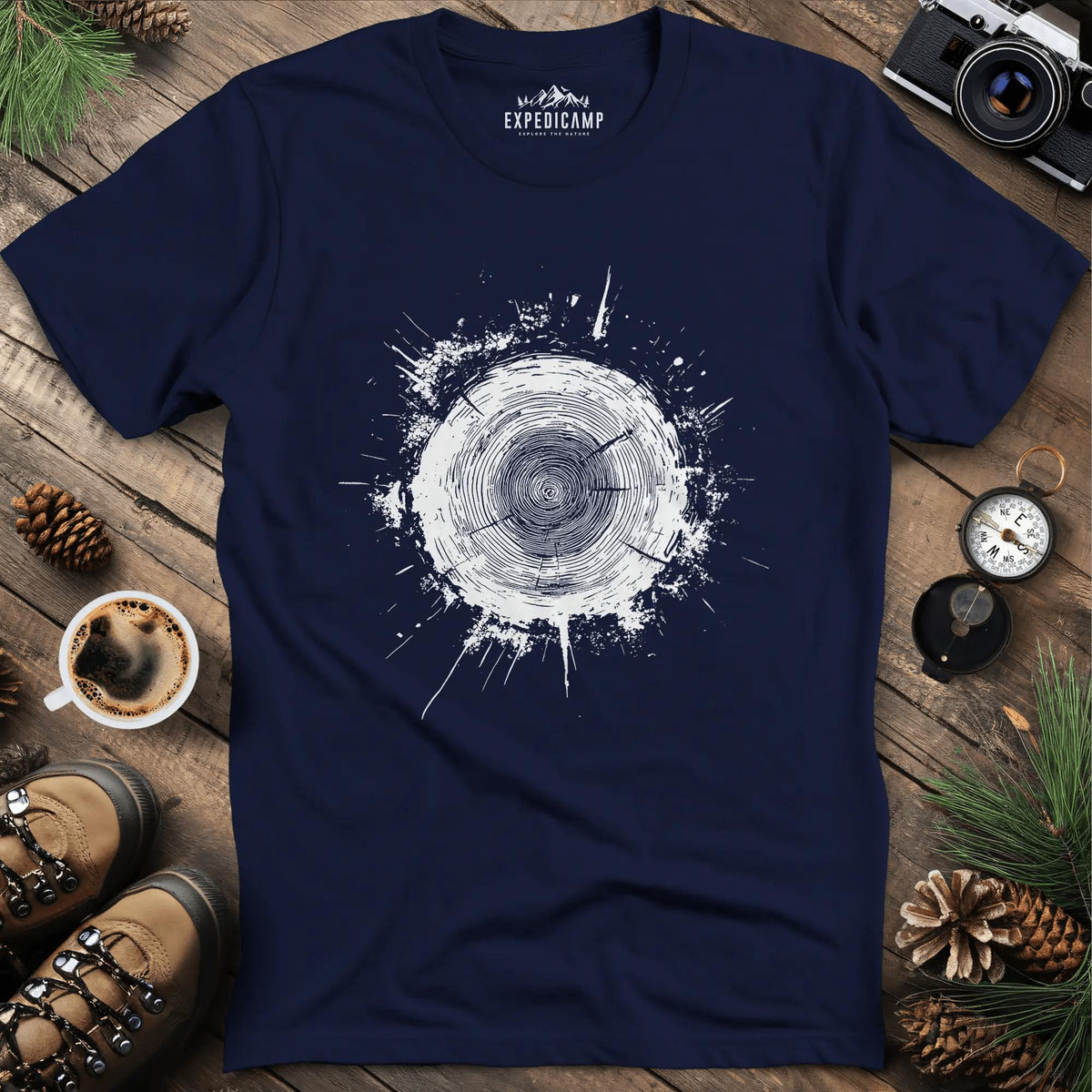 Tree Stump Cross-Section Art T-Shirt – Navy – Outdoor apparel for travel, hiking, camping, and nature lovers – ExpediCamp