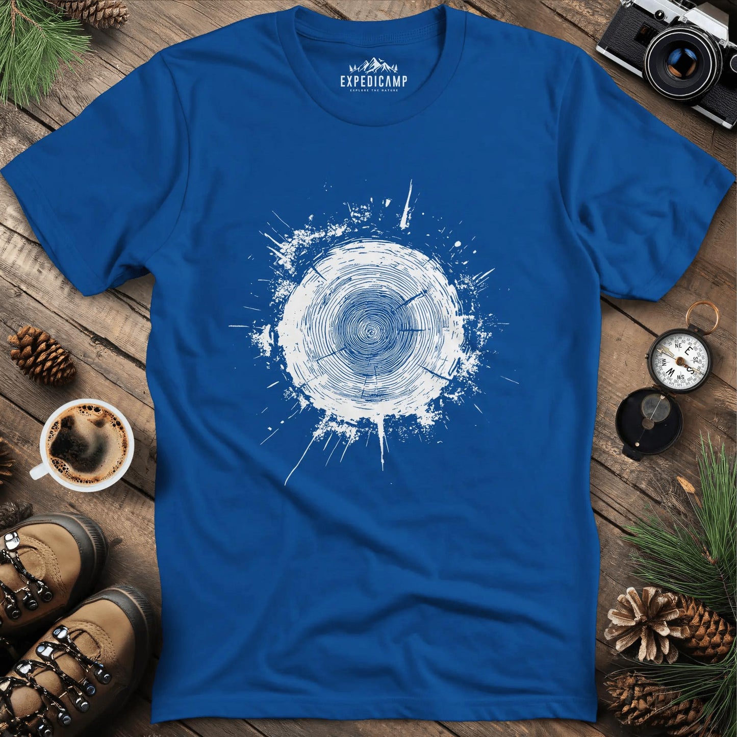 Tree Stump Cross-Section Art T-Shirt – Royal – Outdoor apparel for travel, hiking, camping, and nature lovers – ExpediCamp