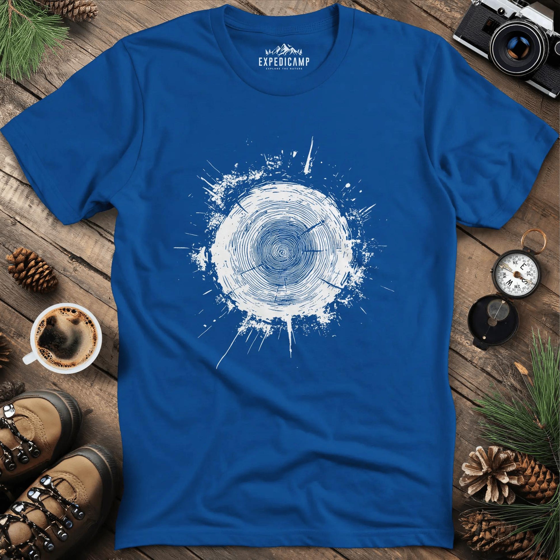 Tree Stump Cross-Section Art T-Shirt – Royal – Outdoor apparel for travel, hiking, camping, and nature lovers – ExpediCamp