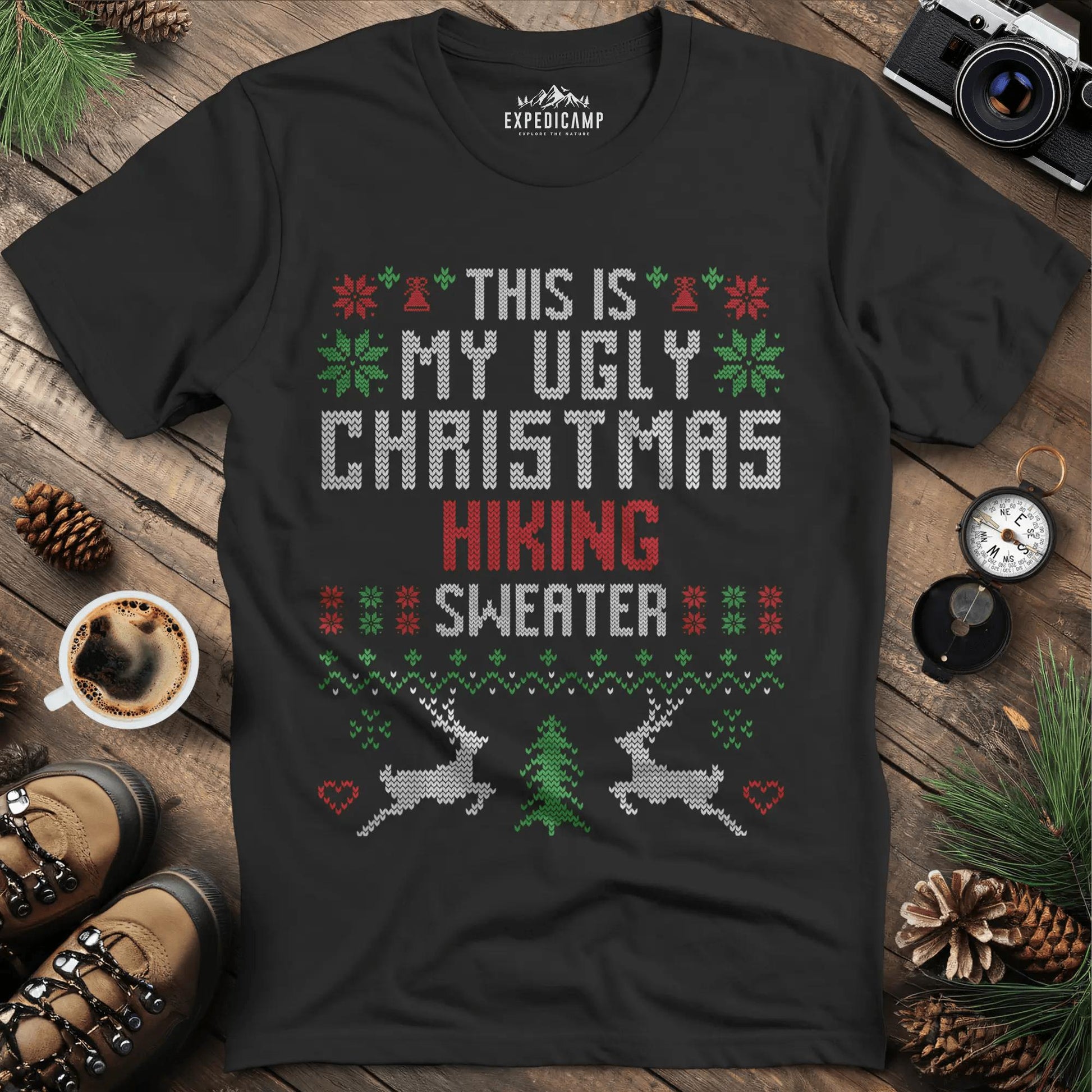 Ugly Christmas Hiking Sweater T-Shirt – Black – Outdoor apparel for travel, hiking, camping, and nature lovers – ExpediCamp