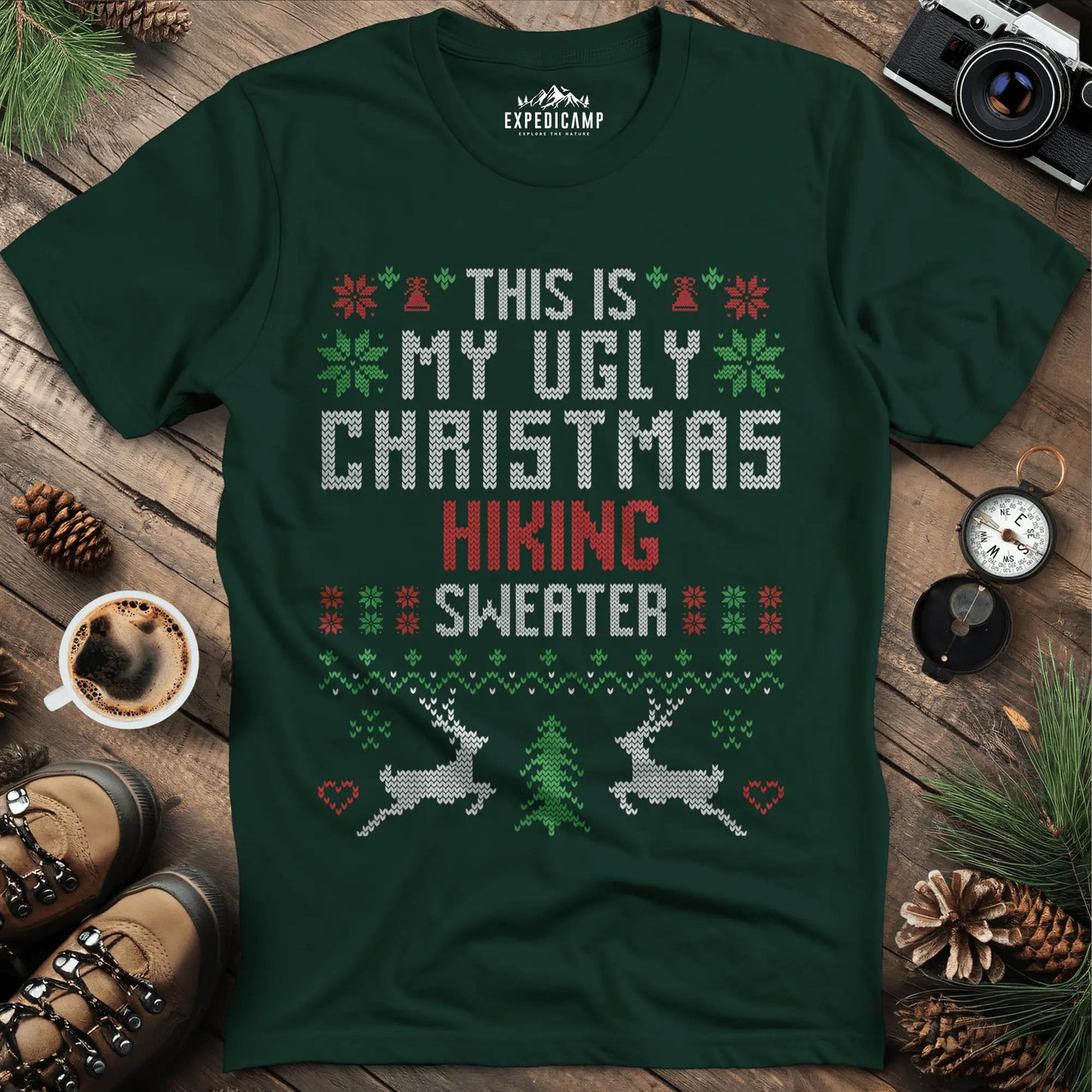 Ugly Christmas Hiking Sweater T-Shirt – Forest Green – Outdoor apparel for travel, hiking, camping, and nature lovers – ExpediCamp