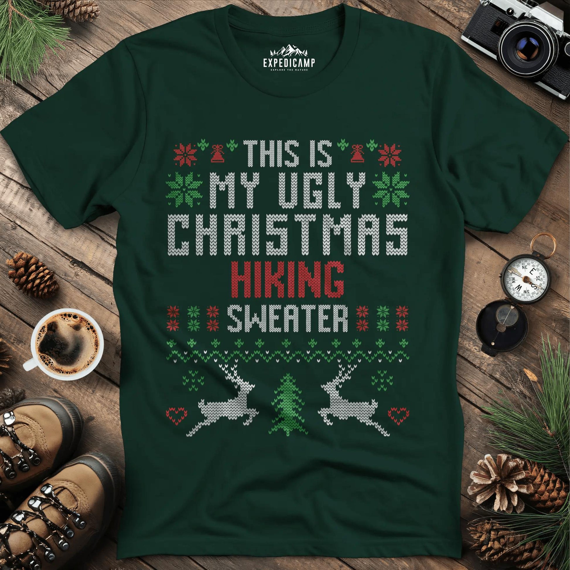 Ugly Christmas Hiking Sweater T-Shirt – Forest Green – Outdoor apparel for travel, hiking, camping, and nature lovers – ExpediCamp