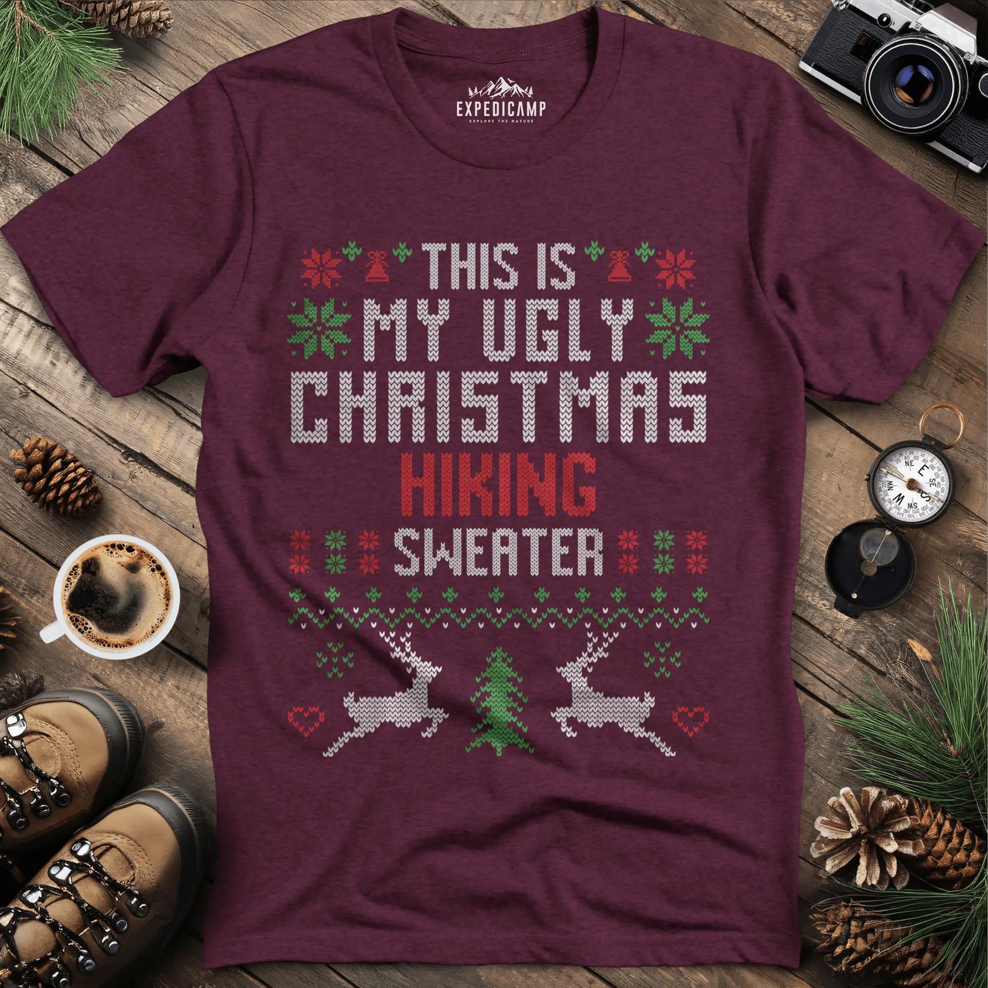 Ugly Christmas Hiking Sweater T-Shirt – Heather Maroon – Outdoor apparel for travel, hiking, camping, and nature lovers – ExpediCamp