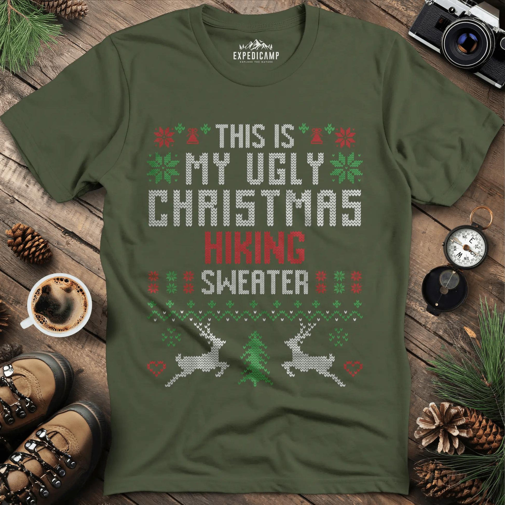 Ugly Christmas Hiking Sweater T-Shirt – Military Green – Outdoor apparel for travel, hiking, camping, and nature lovers – ExpediCamp