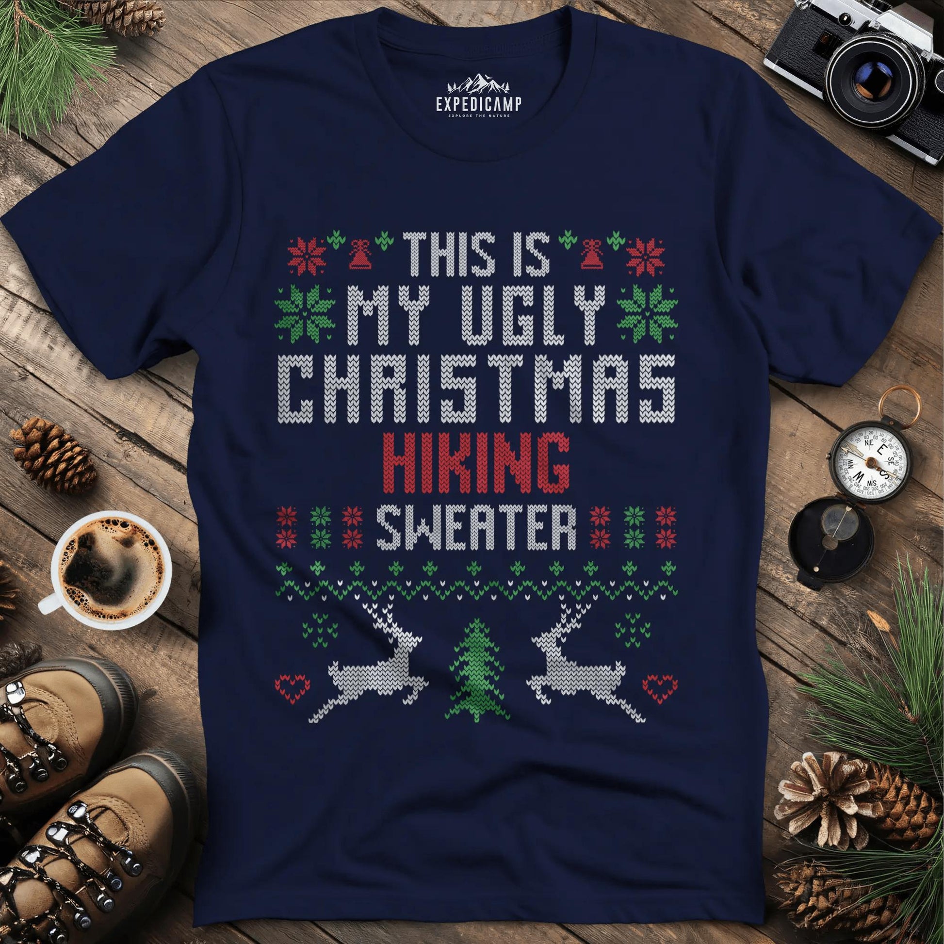 Ugly Christmas Hiking Sweater T-Shirt – Navy – Outdoor apparel for travel, hiking, camping, and nature lovers – ExpediCamp