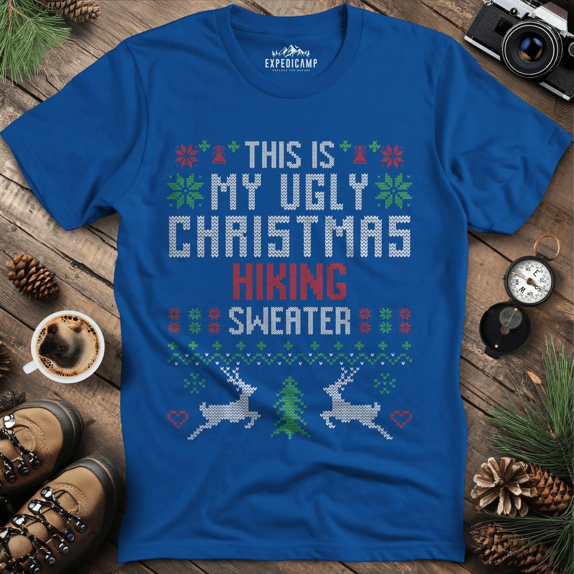 Ugly Christmas Hiking Sweater T-Shirt – Royal – Outdoor apparel for travel, hiking, camping, and nature lovers – ExpediCamp