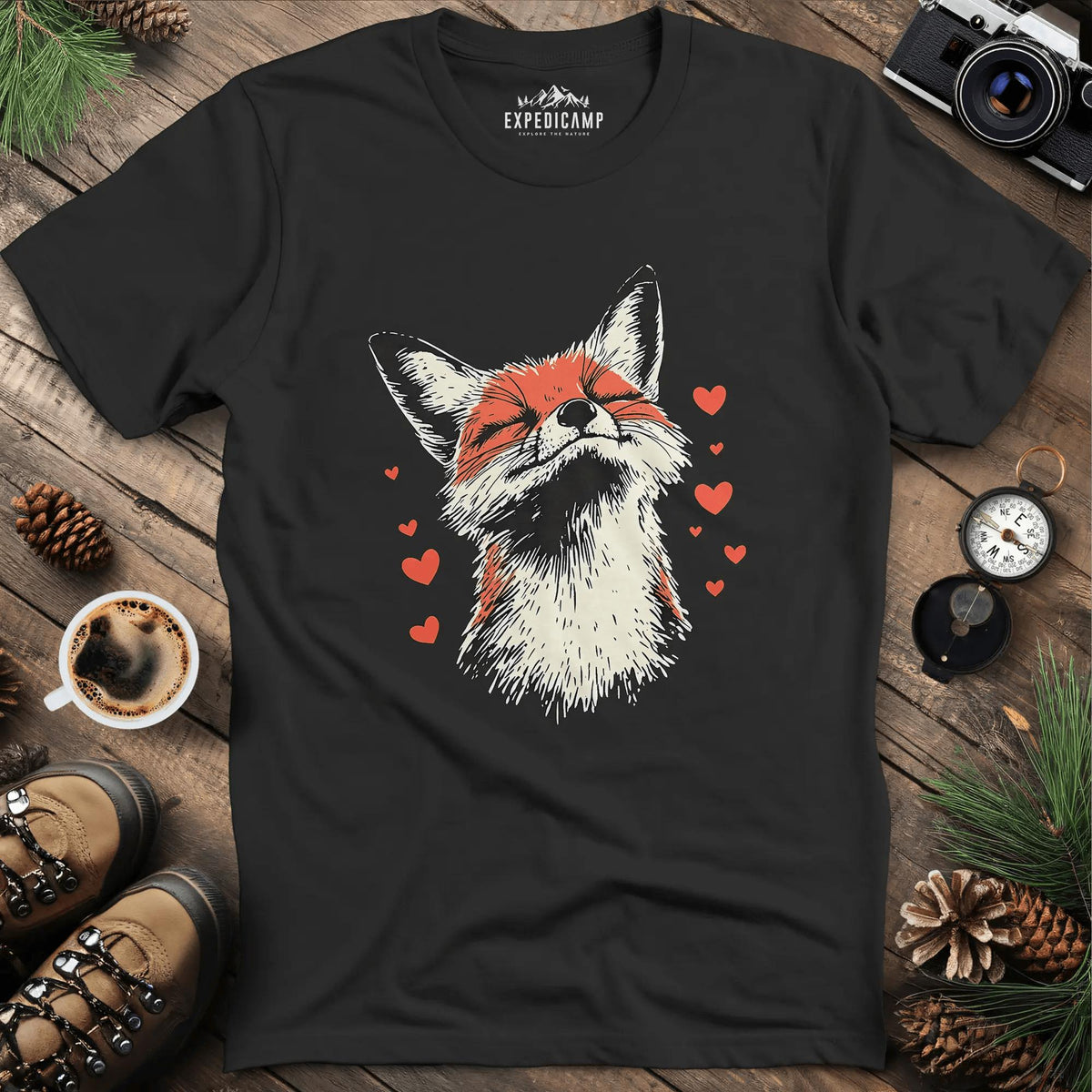 Valentine Fox Love T-Shirt – Black – Outdoor apparel for travel, hiking, camping, and nature lovers – ExpediCamp