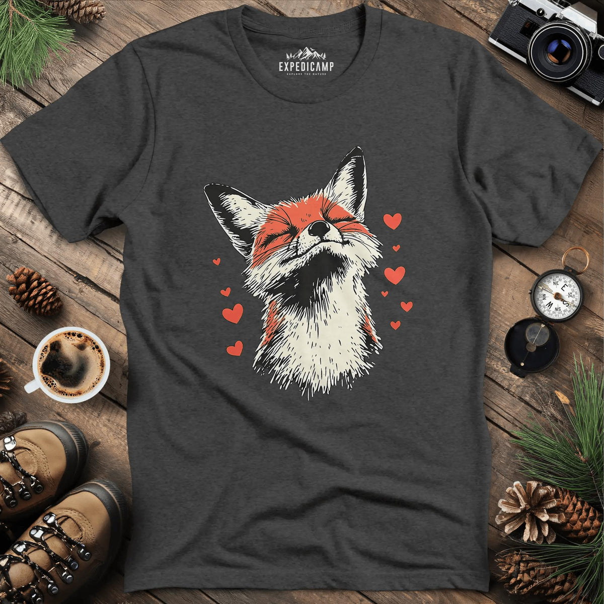 Valentine Fox Love T-Shirt – Dark Heather – Outdoor apparel for travel, hiking, camping, and nature lovers – ExpediCamp