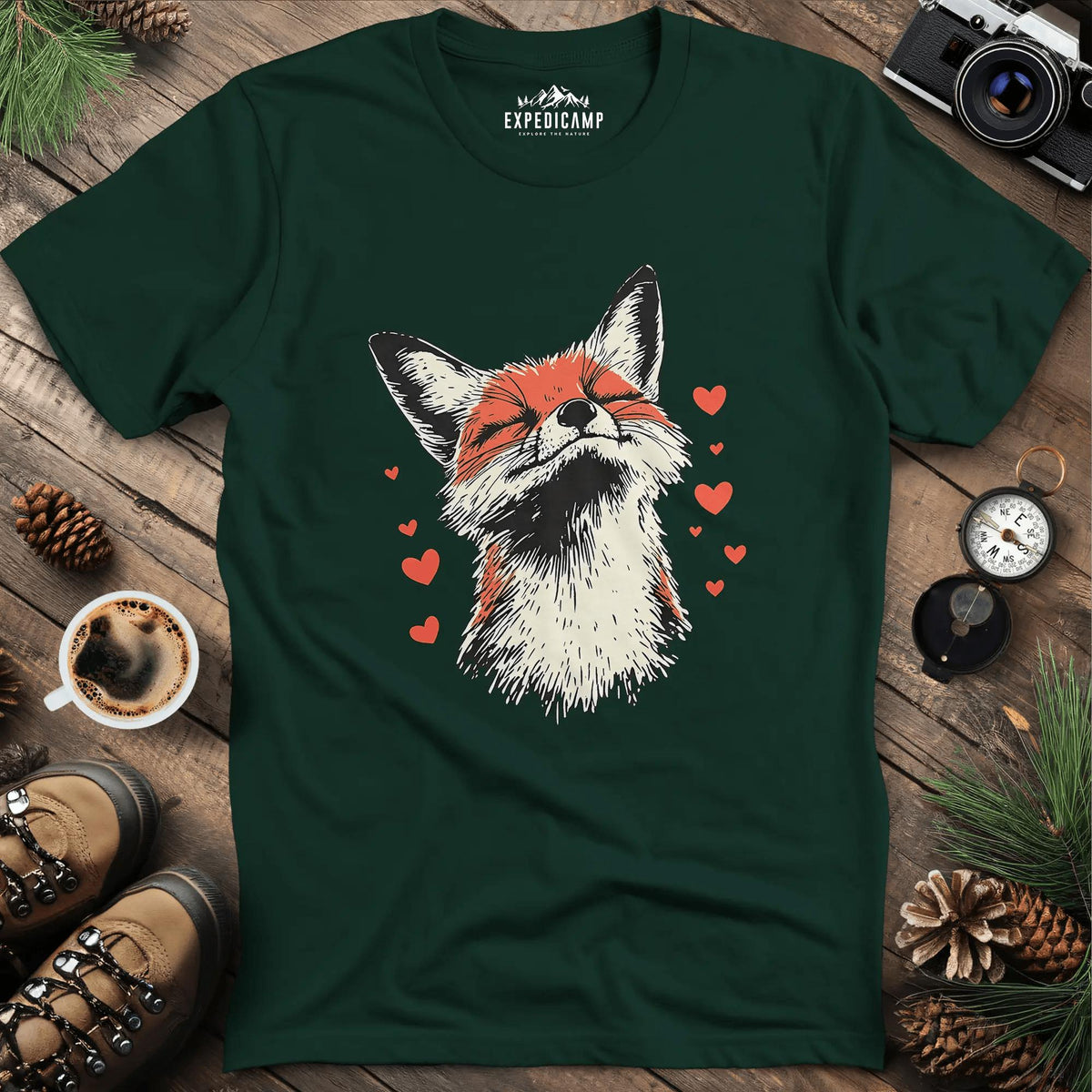 Valentine Fox Love T-Shirt – Forest Green – Outdoor apparel for travel, hiking, camping, and nature lovers – ExpediCamp