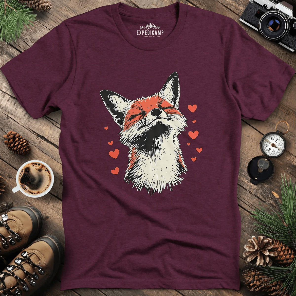 Valentine Fox Love T-Shirt – Heather Maroon – Outdoor apparel for travel, hiking, camping, and nature lovers – ExpediCamp