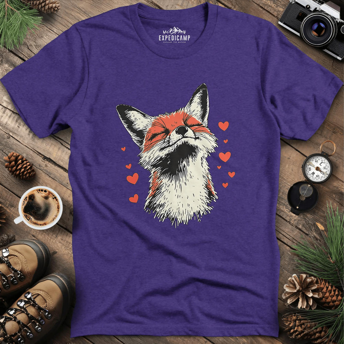 Valentine Fox Love T-Shirt – Heather Purple – Outdoor apparel for travel, hiking, camping, and nature lovers – ExpediCamp