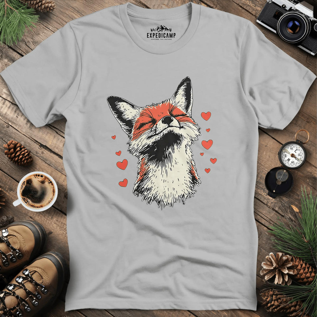 Valentine Fox Love T-Shirt – Ice Grey – Outdoor apparel for travel, hiking, camping, and nature lovers – ExpediCamp