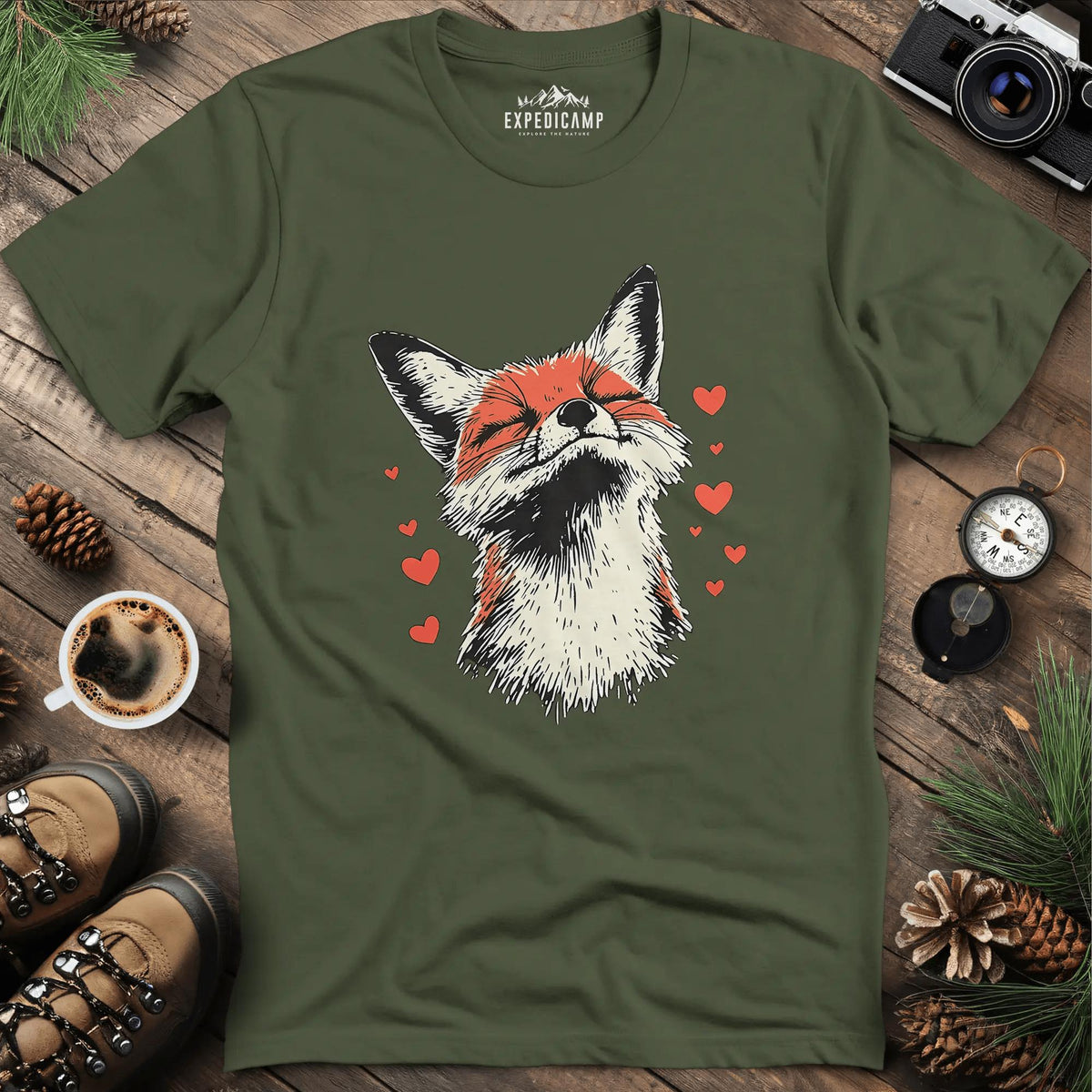 Valentine Fox Love T-Shirt – Military Green – Outdoor apparel for travel, hiking, camping, and nature lovers – ExpediCamp