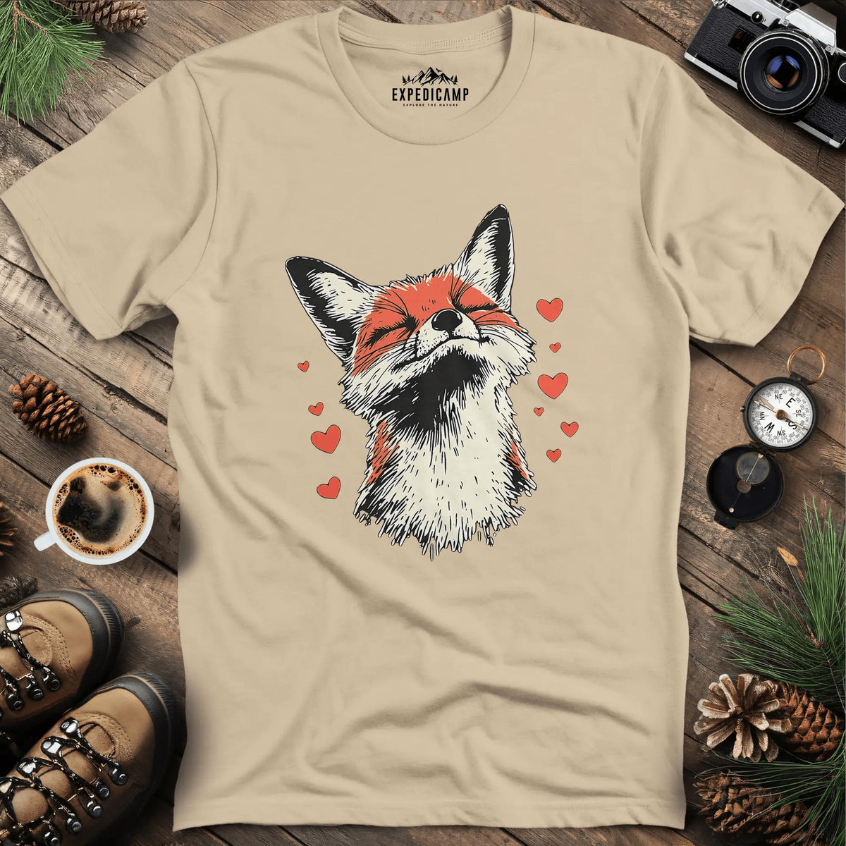 Valentine Fox Love T-Shirt – Sand – Outdoor apparel for travel, hiking, camping, and nature lovers – ExpediCamp