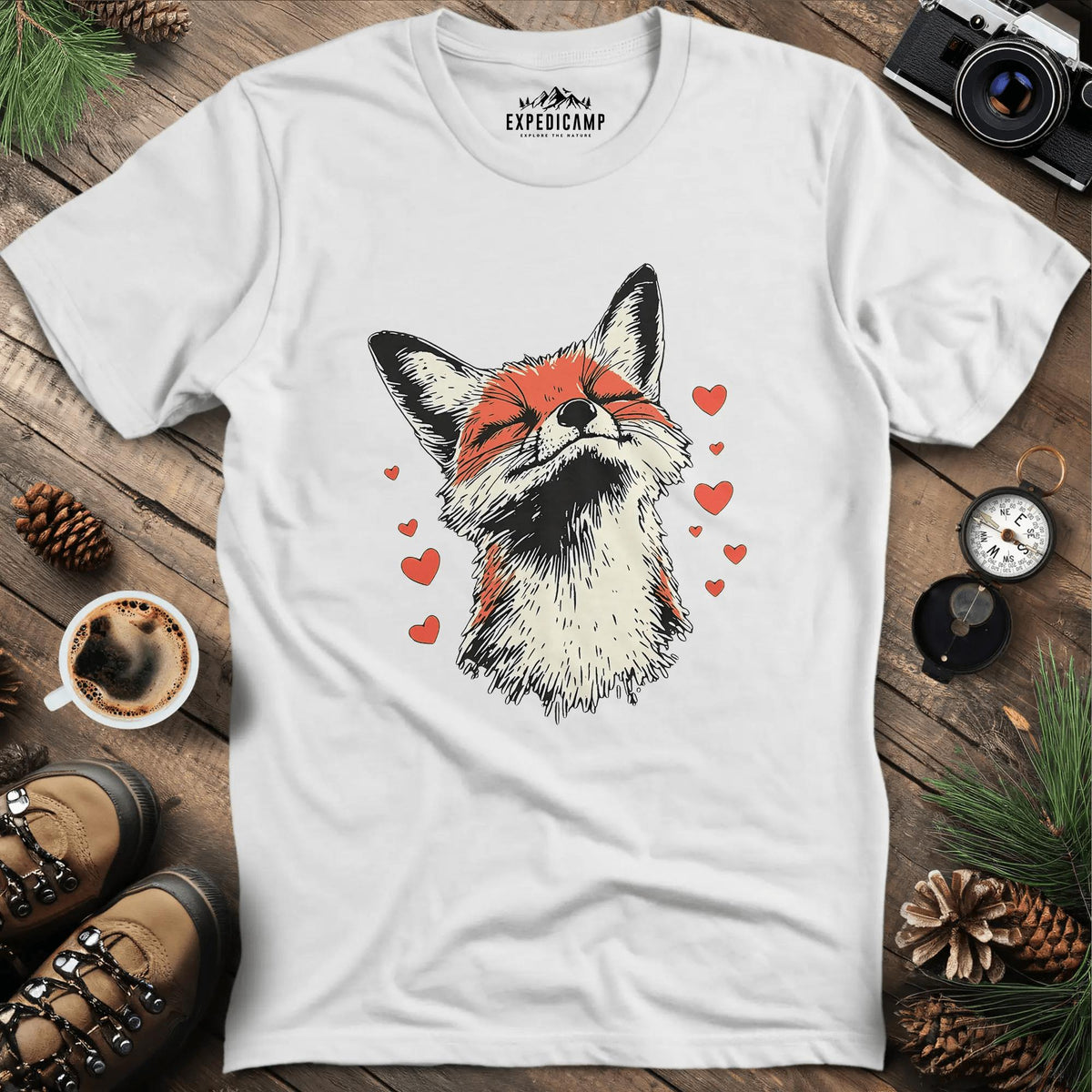 Valentine Fox Love T-Shirt – White – Outdoor apparel for travel, hiking, camping, and nature lovers – ExpediCamp
