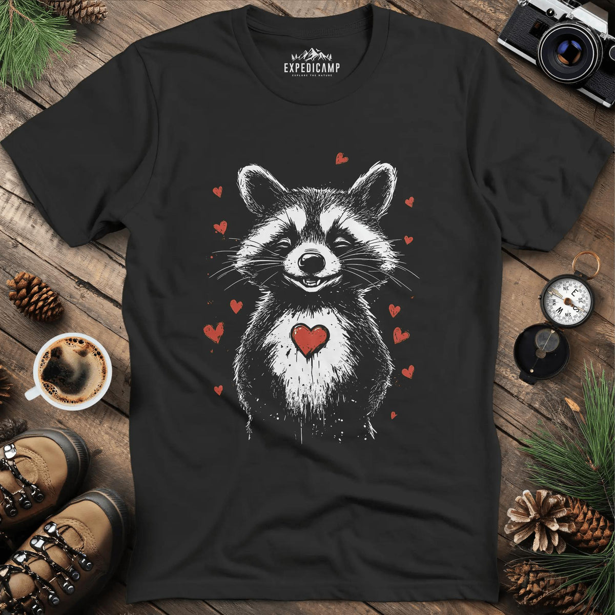Valentine Raccoon Love T-Shirt – Black – Outdoor apparel for travel, hiking, camping, and nature lovers – ExpediCamp