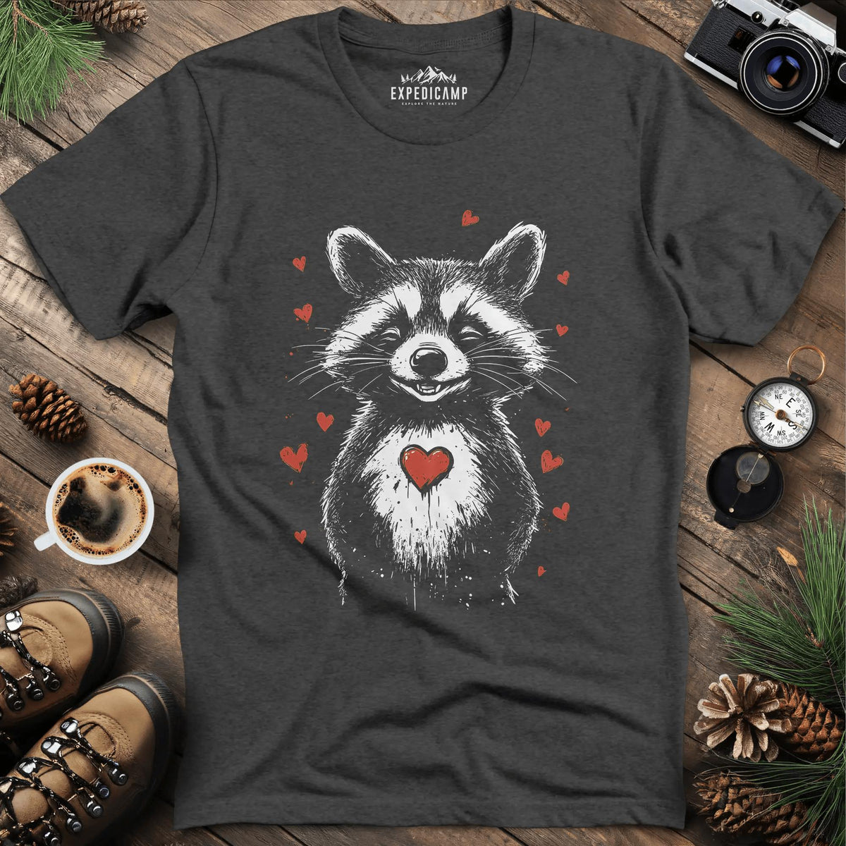 Valentine Raccoon Love T-Shirt – Dark Heather – Outdoor apparel for travel, hiking, camping, and nature lovers – ExpediCamp