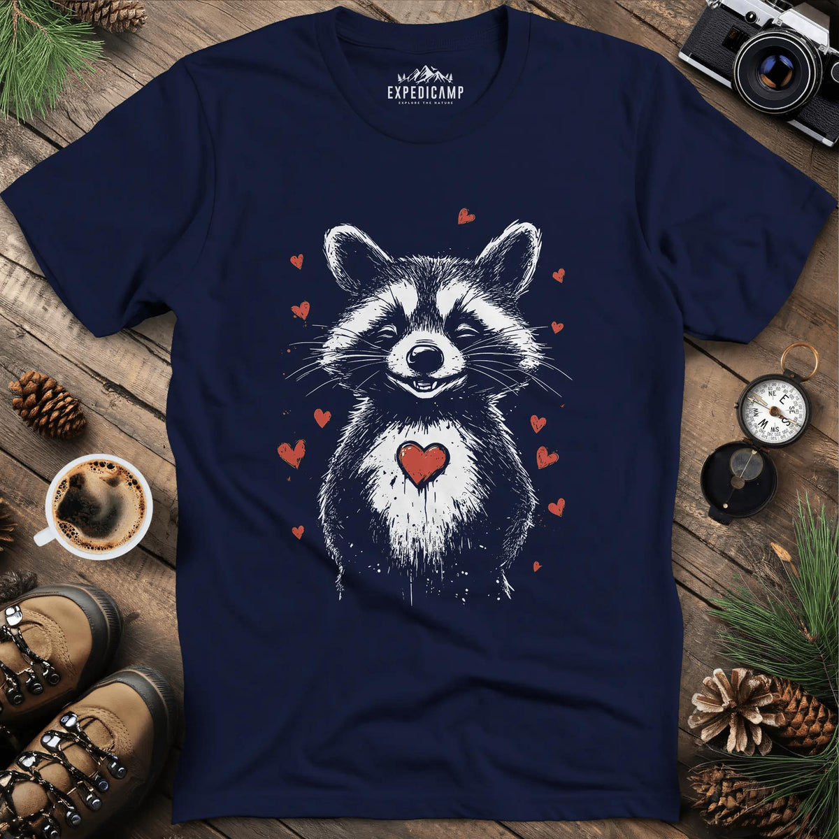 Valentine Raccoon Love T-Shirt – Navy – Outdoor apparel for travel, hiking, camping, and nature lovers – ExpediCamp
