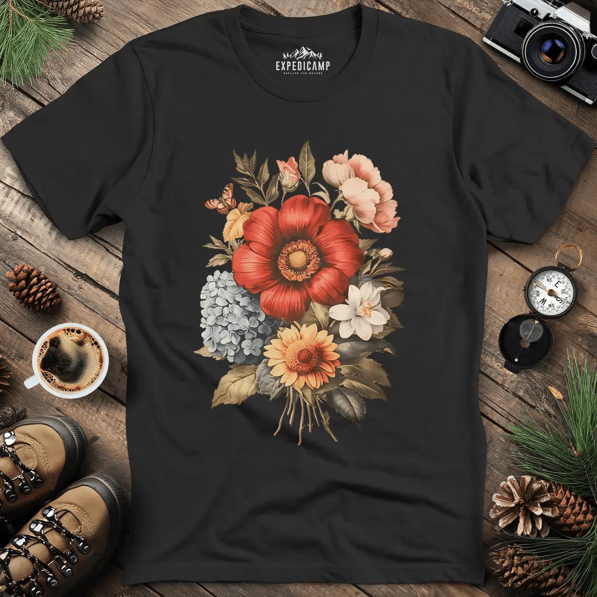 Vintage Floral Bouquet T-Shirt – Black – Outdoor apparel for travel, hiking, camping, and nature lovers – ExpediCamp