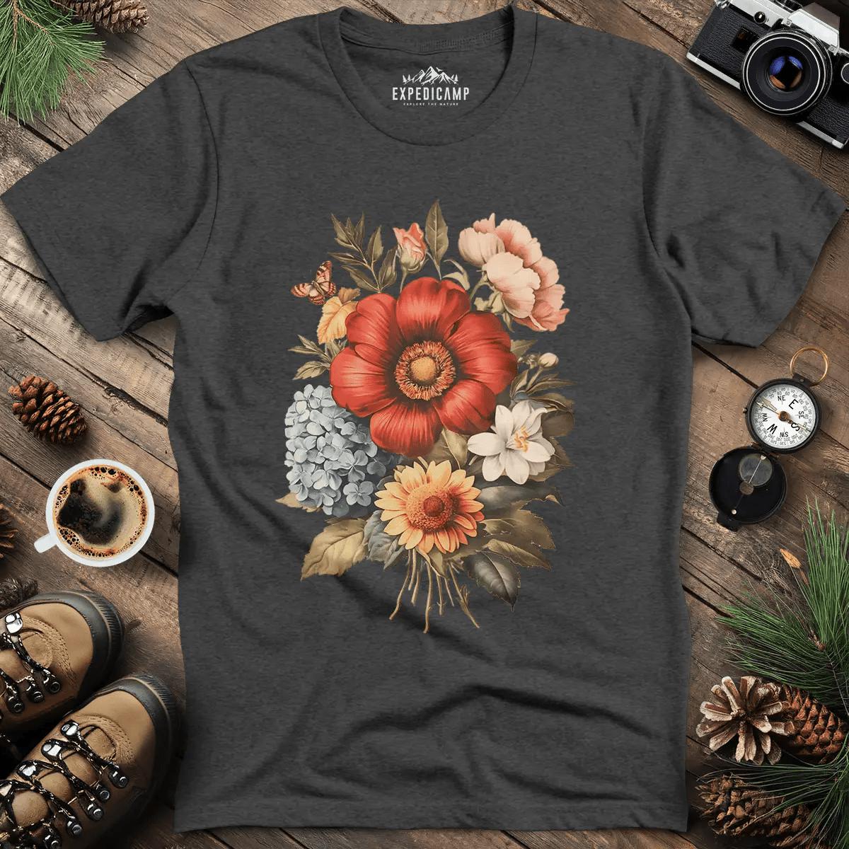 Vintage Floral Bouquet T-Shirt – Dark Heather – Outdoor apparel for travel, hiking, camping, and nature lovers – ExpediCamp