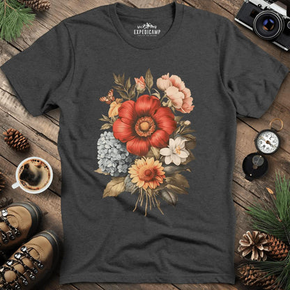 Vintage Floral Bouquet T-Shirt – Dark Heather – Outdoor apparel for travel, hiking, camping, and nature lovers – ExpediCamp