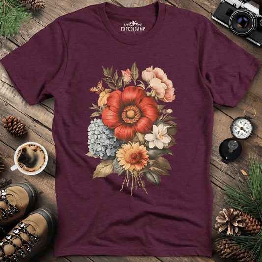 Vintage Floral Bouquet T-Shirt – Heather Maroon – Outdoor apparel for travel, hiking, camping, and nature lovers – ExpediCamp