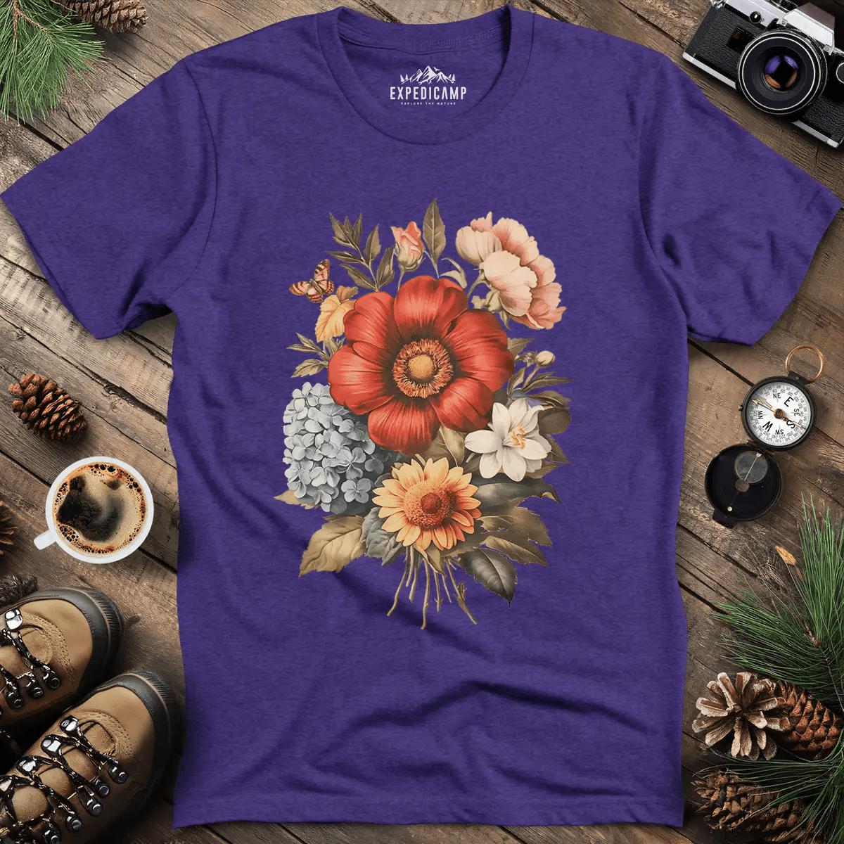 Vintage Floral Bouquet T-Shirt – Heather Purple – Outdoor apparel for travel, hiking, camping, and nature lovers – ExpediCamp