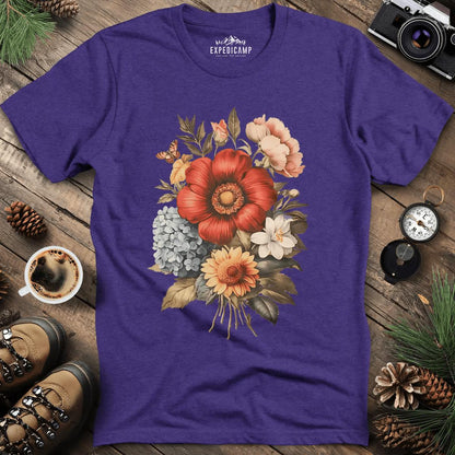 Vintage Floral Bouquet T-Shirt – Heather Purple – Outdoor apparel for travel, hiking, camping, and nature lovers – ExpediCamp